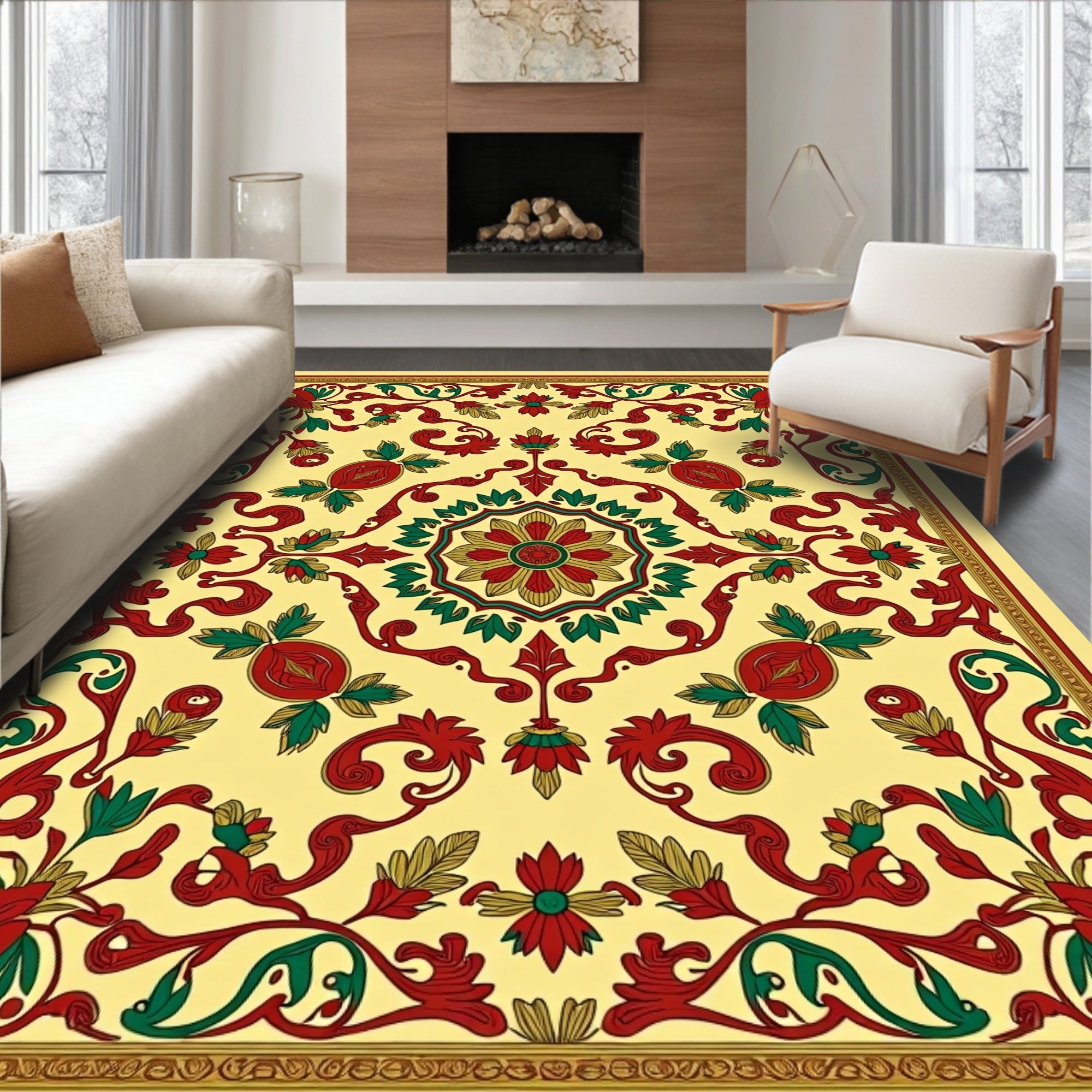 Crimson Green Floral Medallion Lace Rug