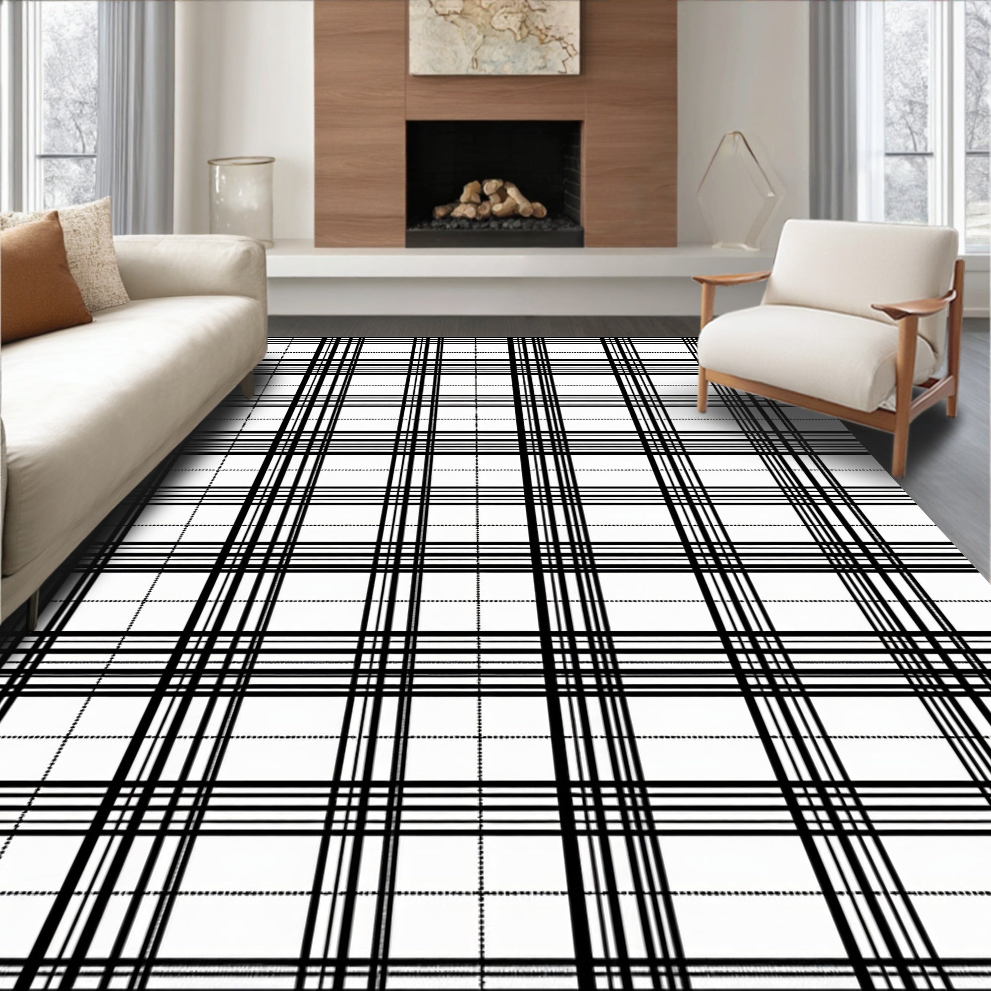Classic Black White Plaid Check Rug