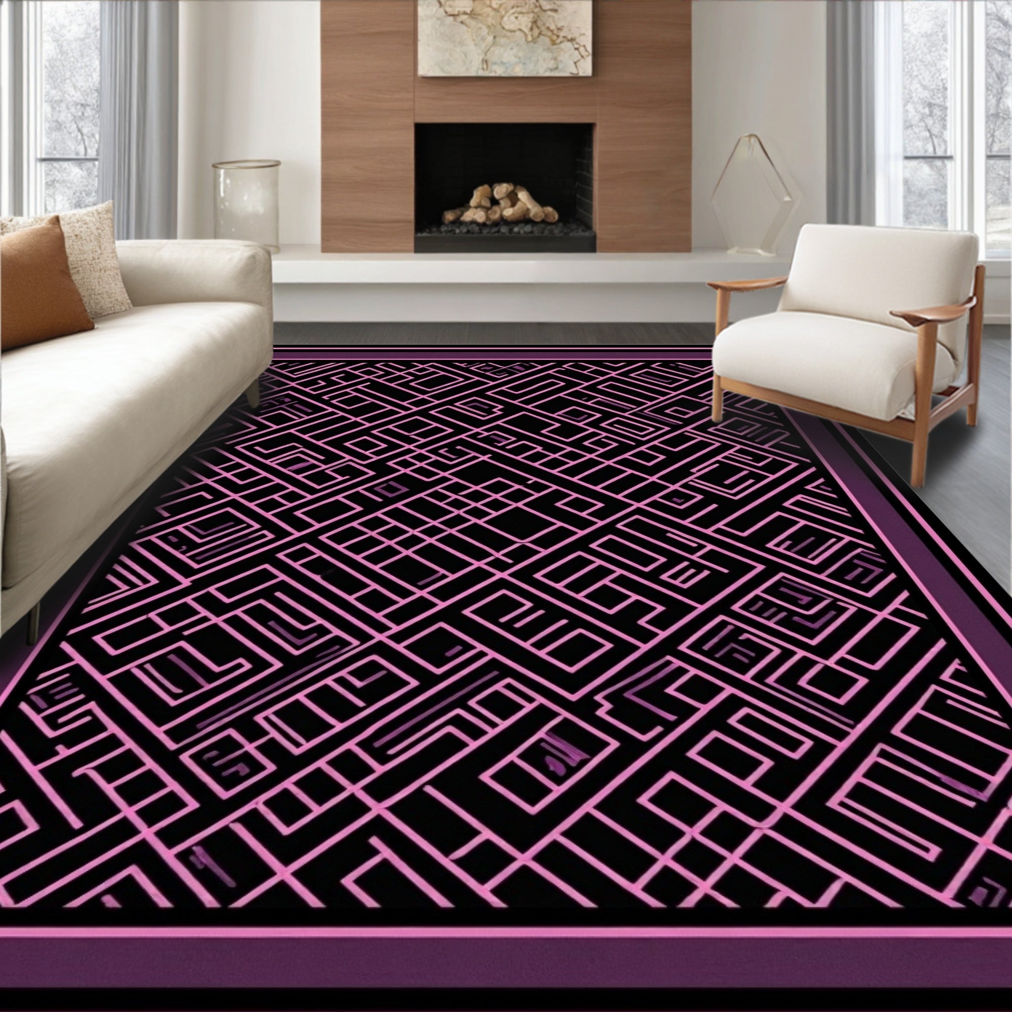 Pink Geometric Maze Linework Rug