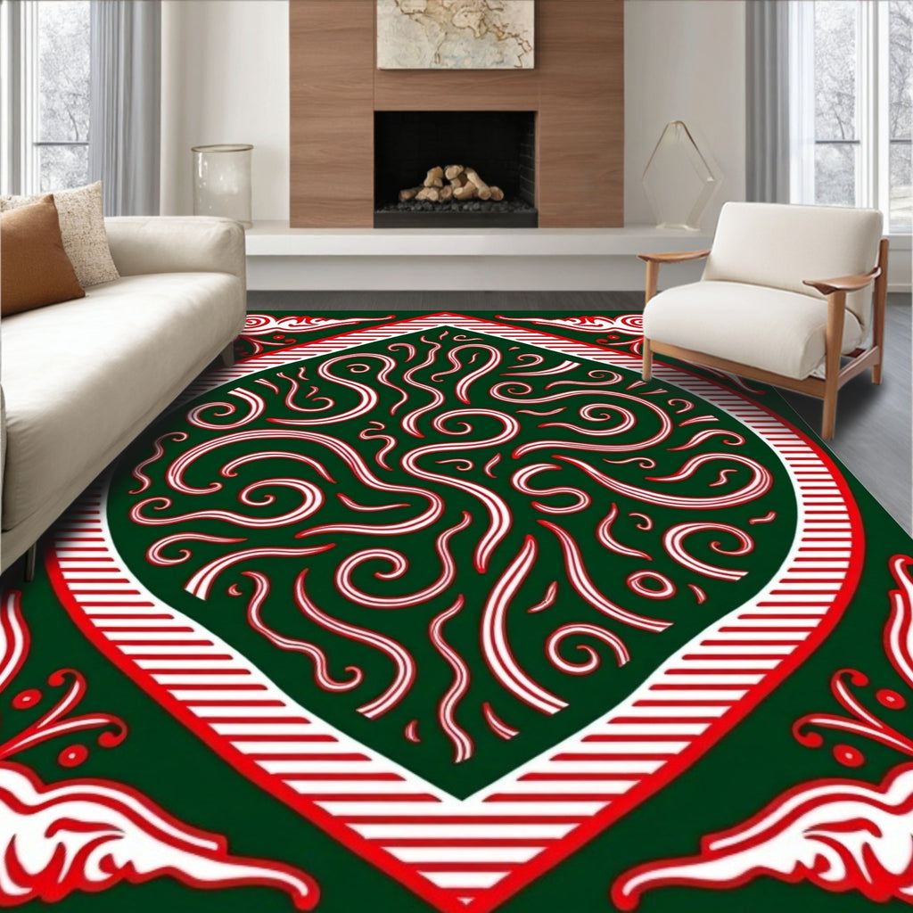 Emerald Red White Swirling Scrollwork Rug