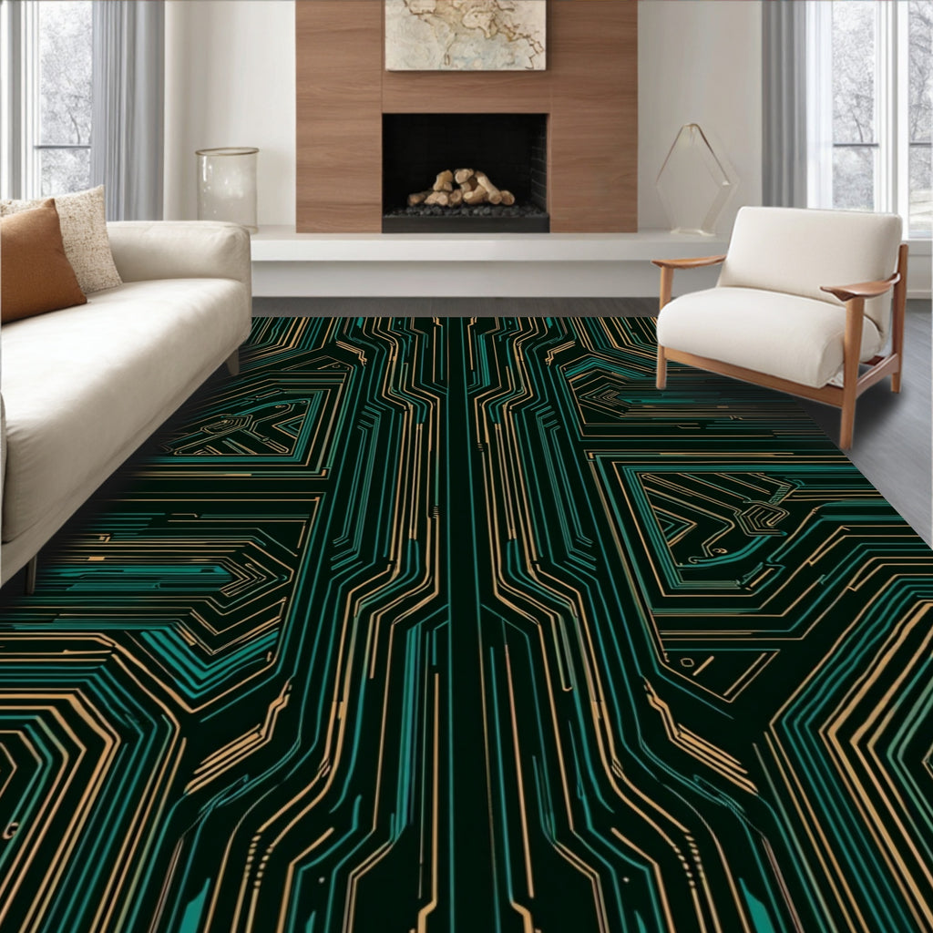 Circuit Board Copper Teal Lines Rug