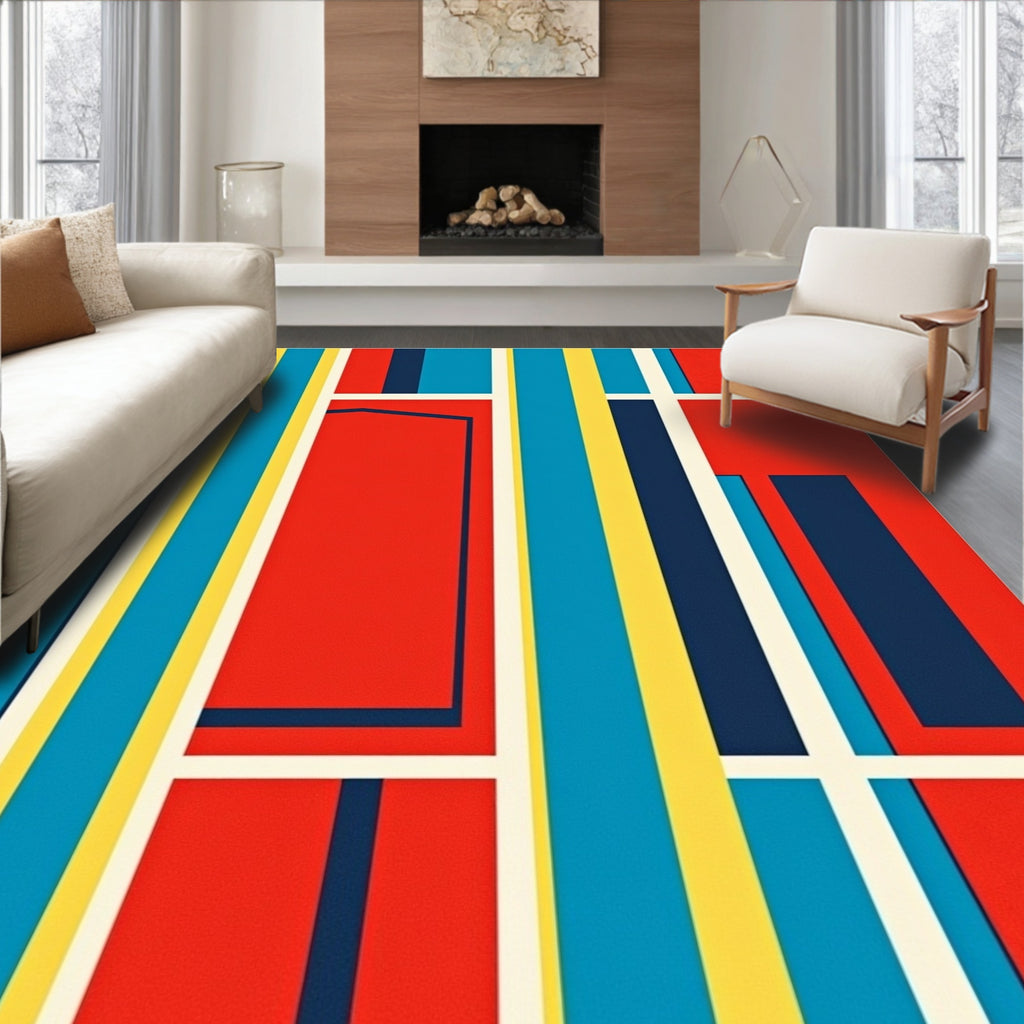 Bold Geometric Red Yellow Blue Stripes Rug