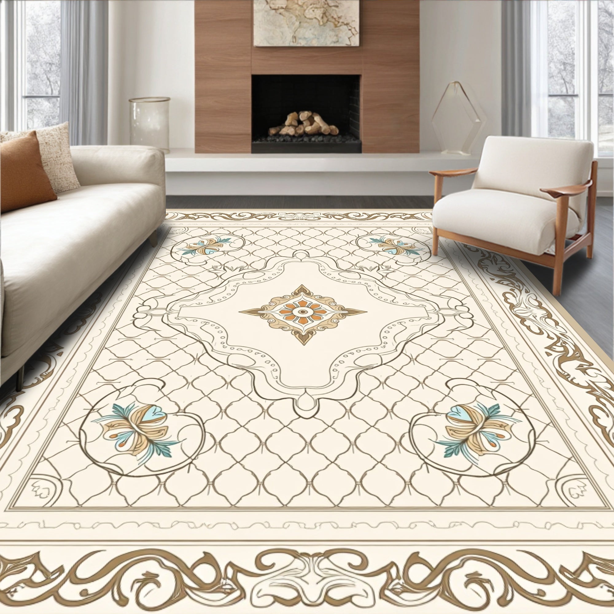 Ornate Cream Terra Cotta Floral Lattice Rug