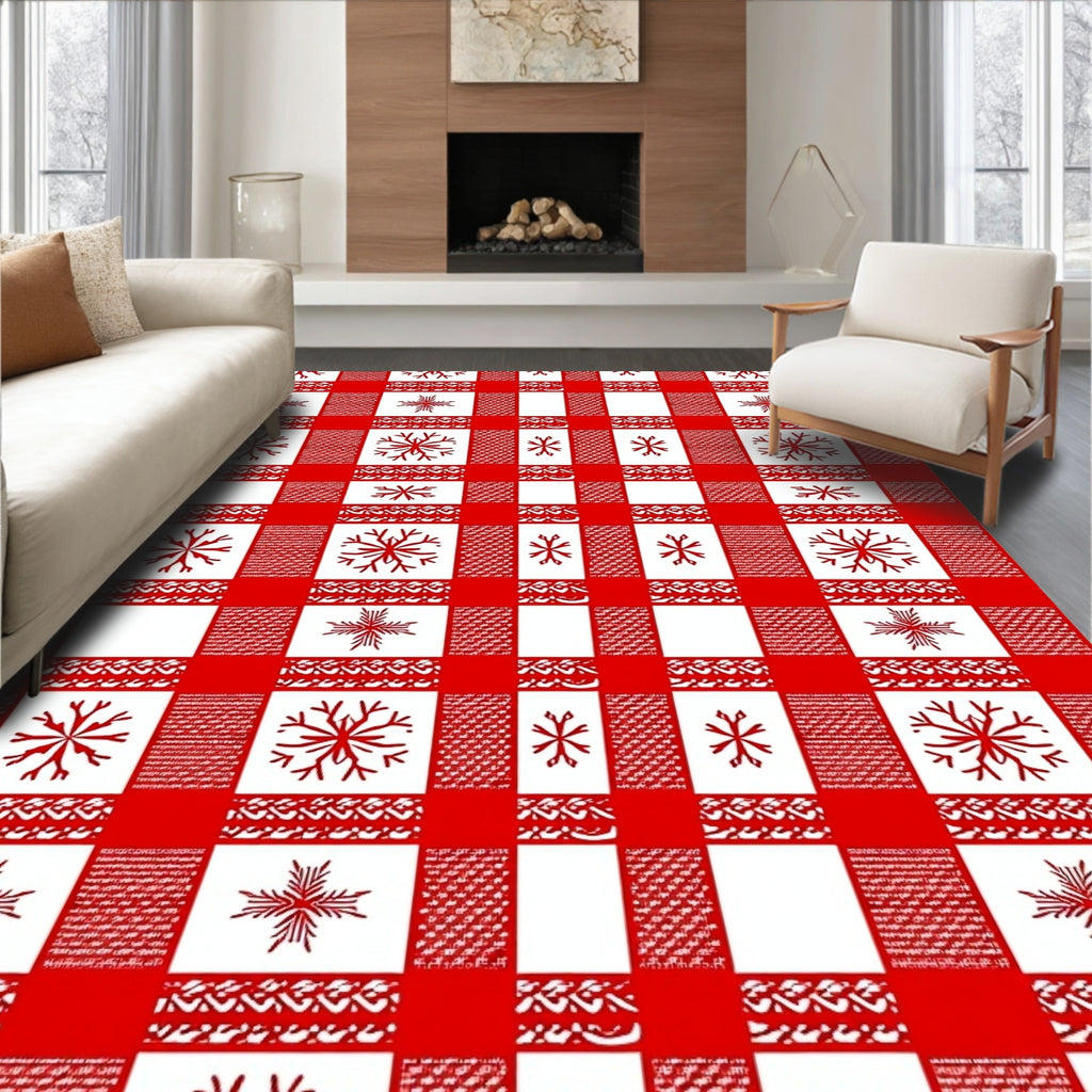 Red White Gingham Snowflake Cluster Rug