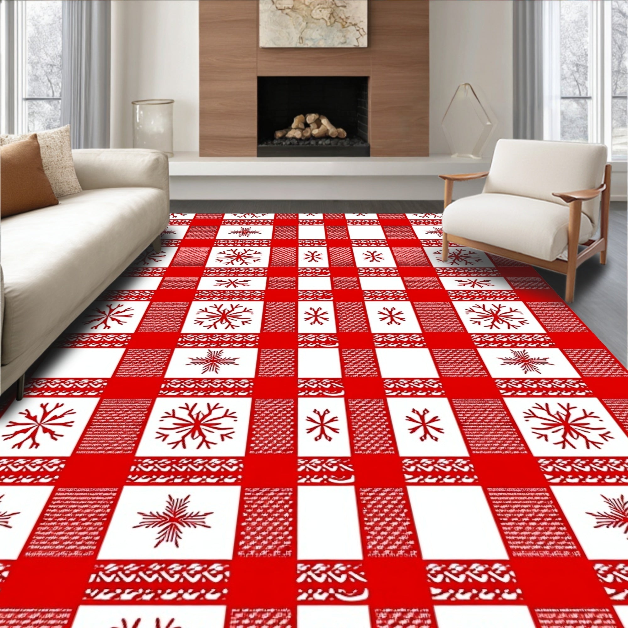 Red White Gingham Snowflake Cluster Rug