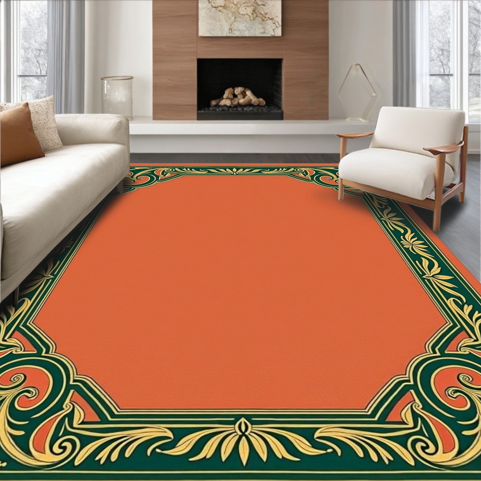 Orange Green Gold Floral Scroll Border Rug