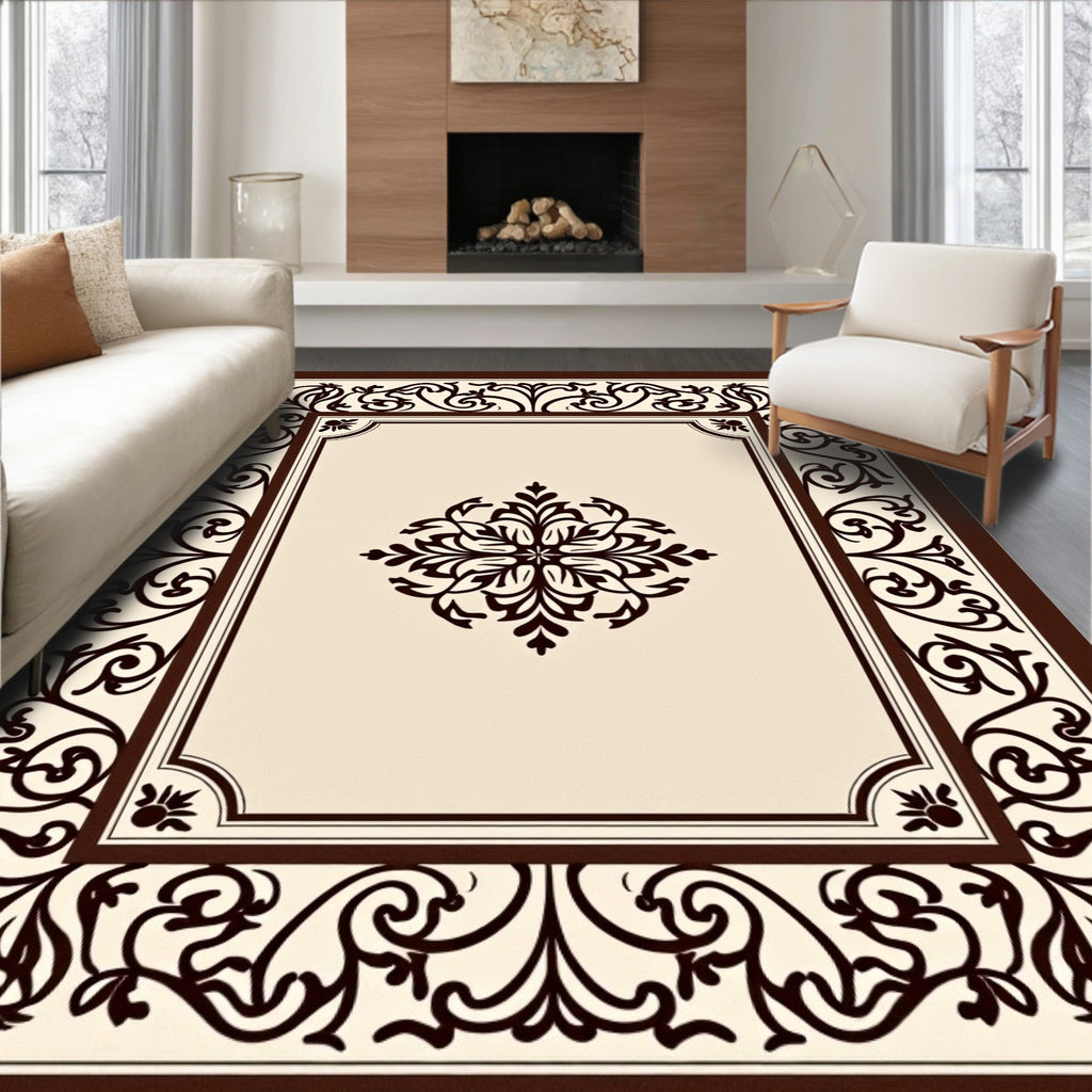 Cream and Brown Floral Medallion Border Rug