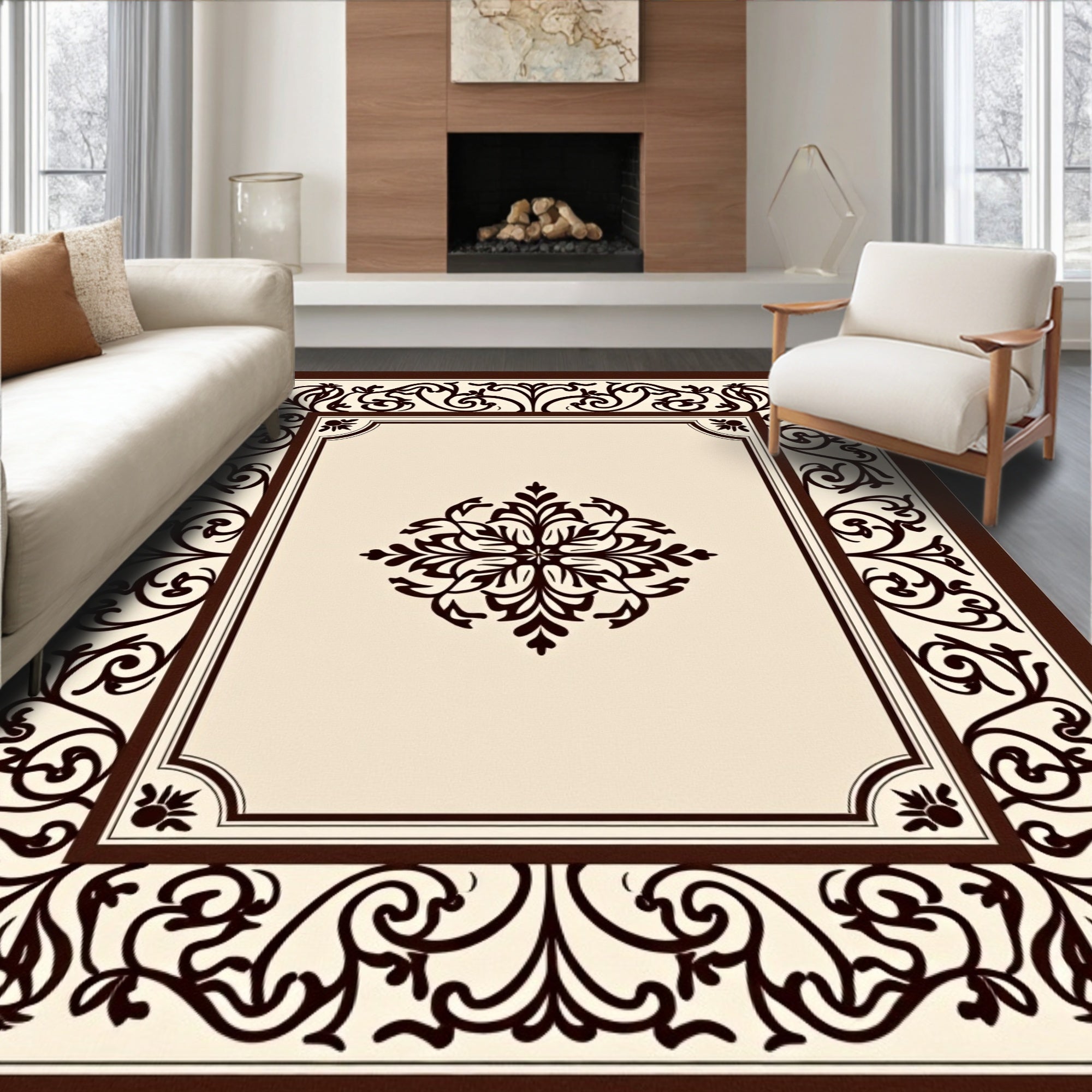 Cream and Brown Floral Medallion Border Rug