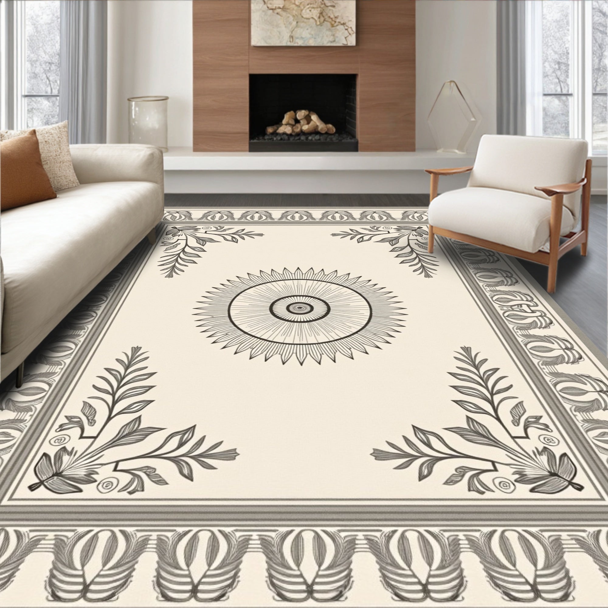 Cream Sunburst Floral Border Rug