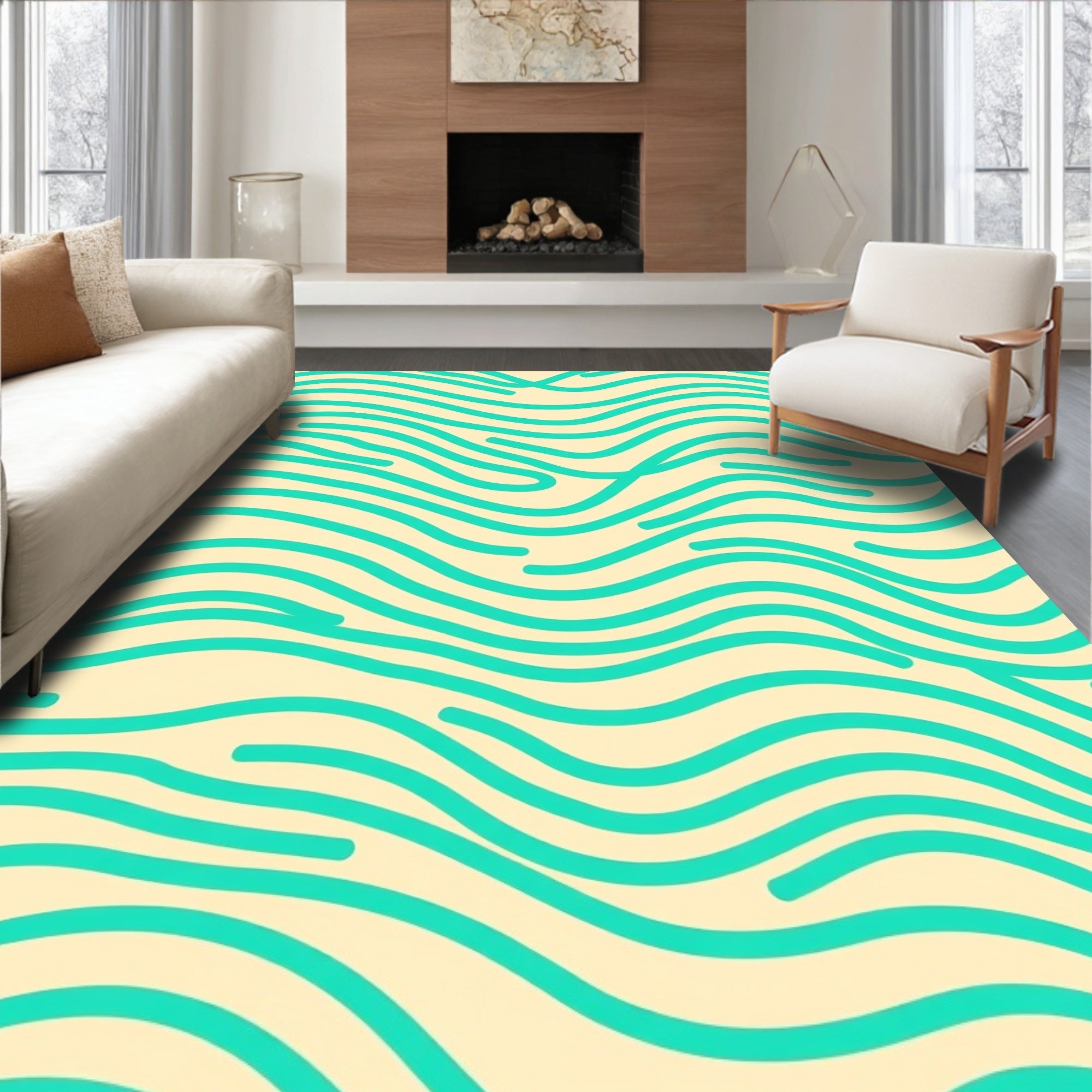 Teal Wavy Lines on Cream Background Rug