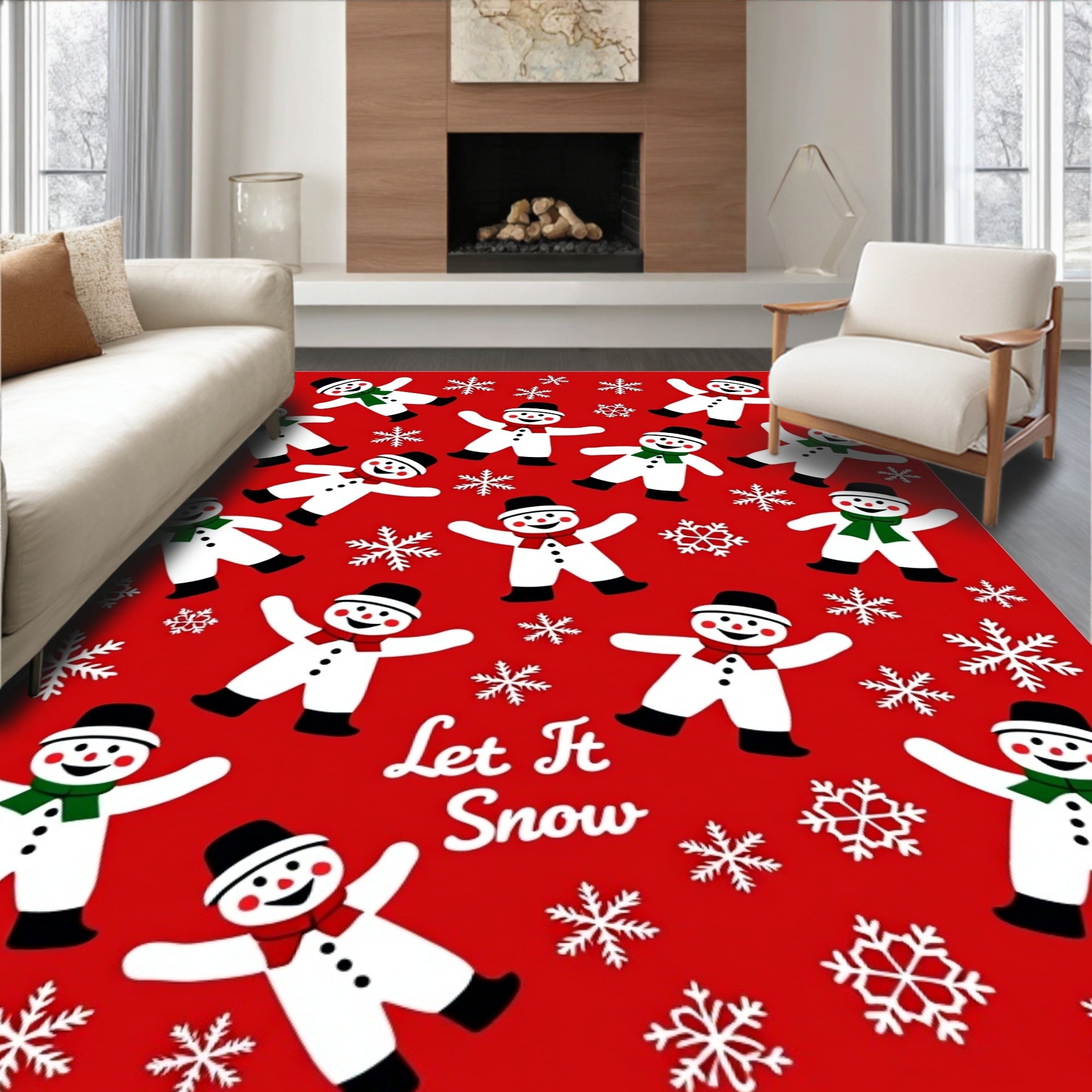 Playful Snowmen Snowflakes Red Collection Rug