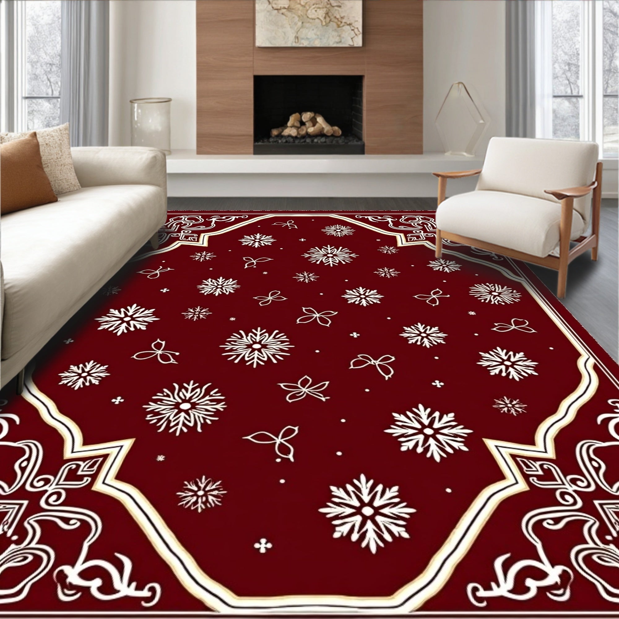 Deep Red Snowflake Winter Wonderland Rug