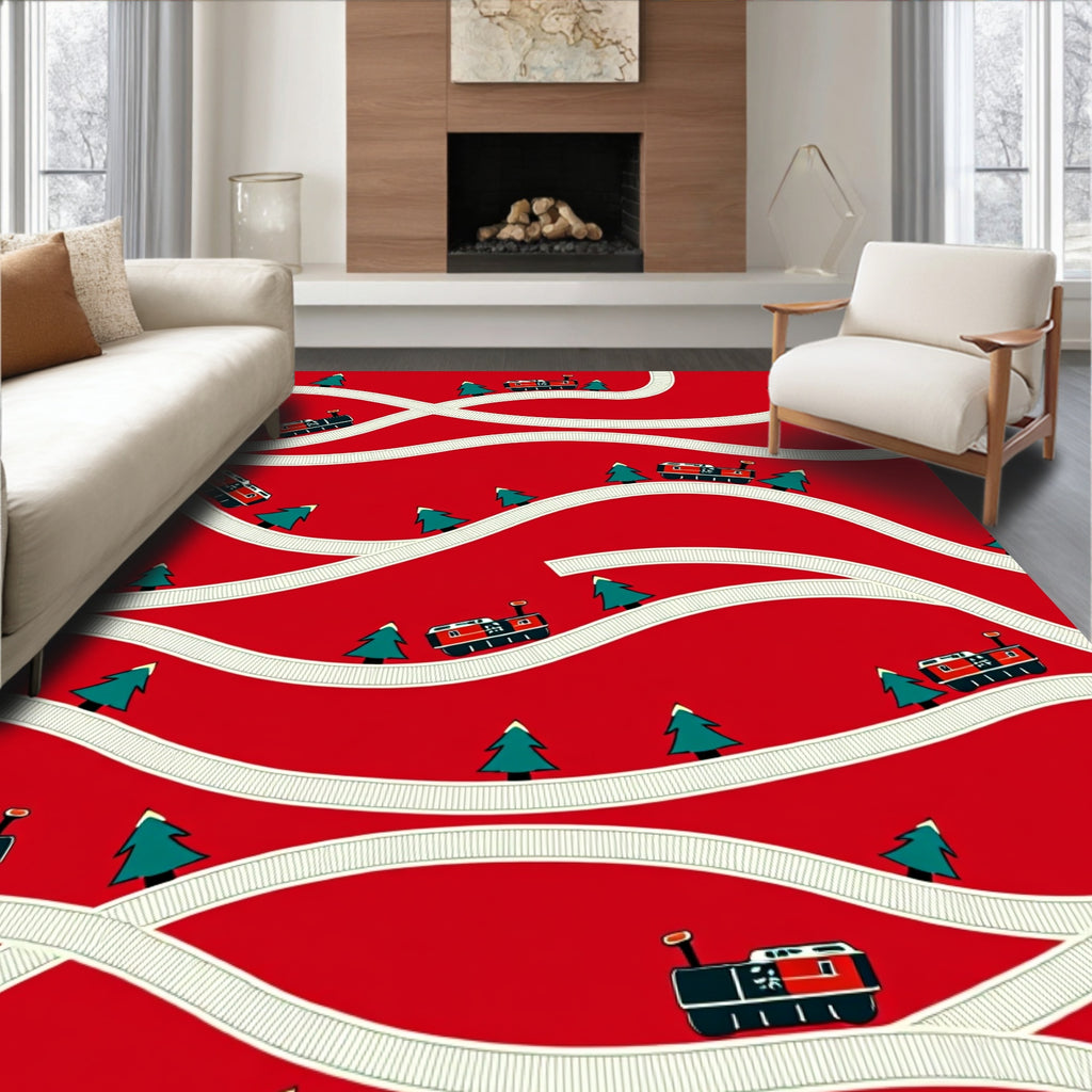 Whimsical red train evergreen forest travel Rug
