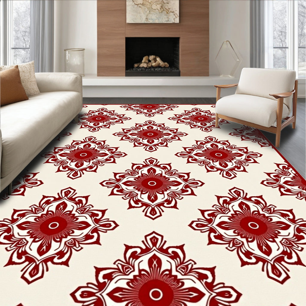 Deep Crimson Floral Medallion Rug
