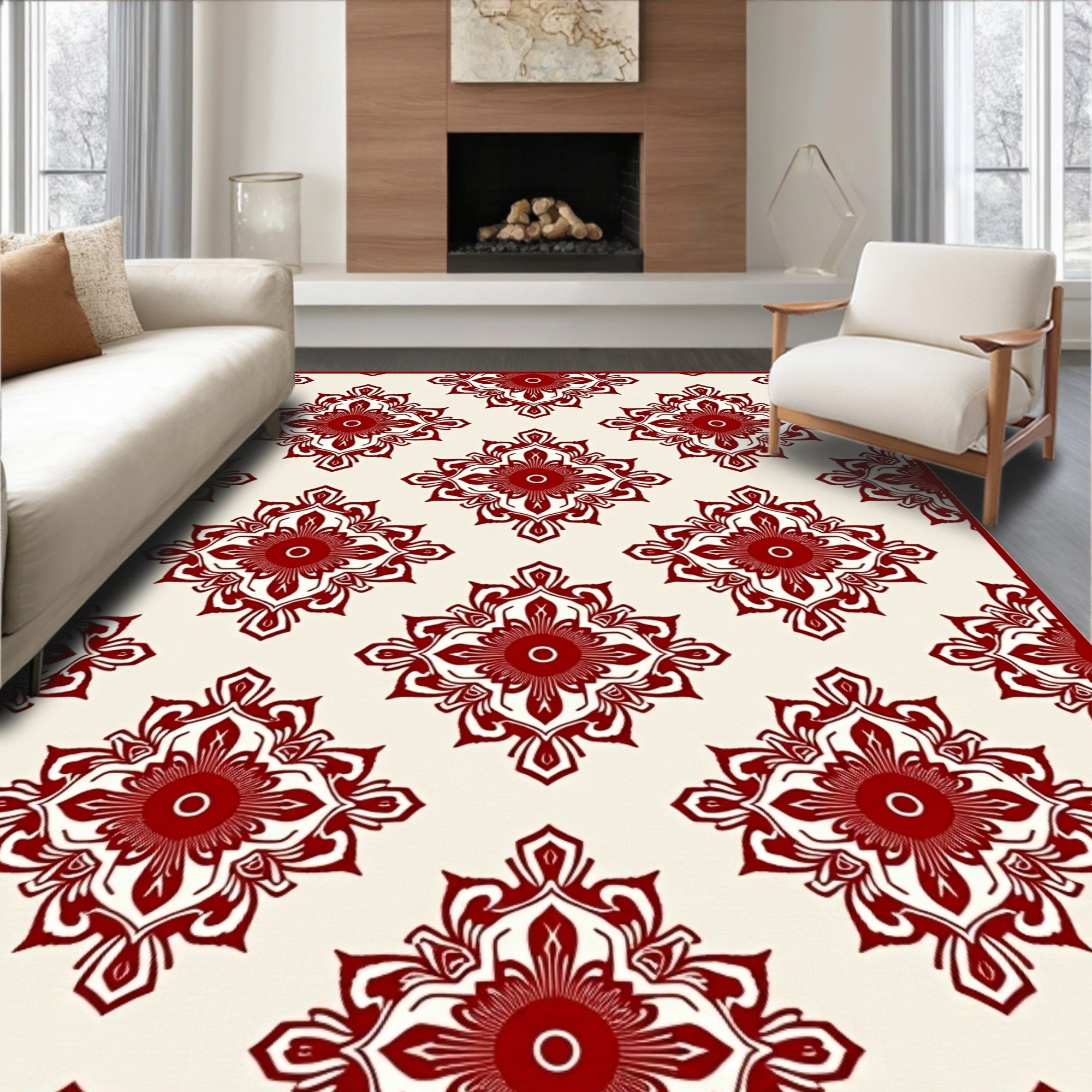 Deep Crimson Floral Medallion Rug