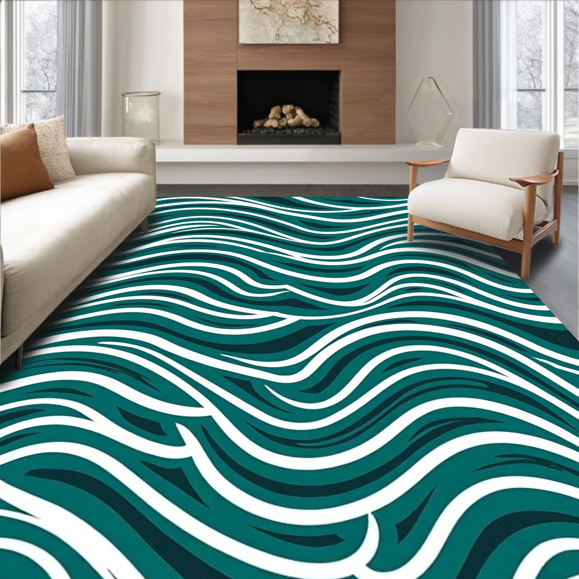 Deep Teal White Flowing Waves Rug