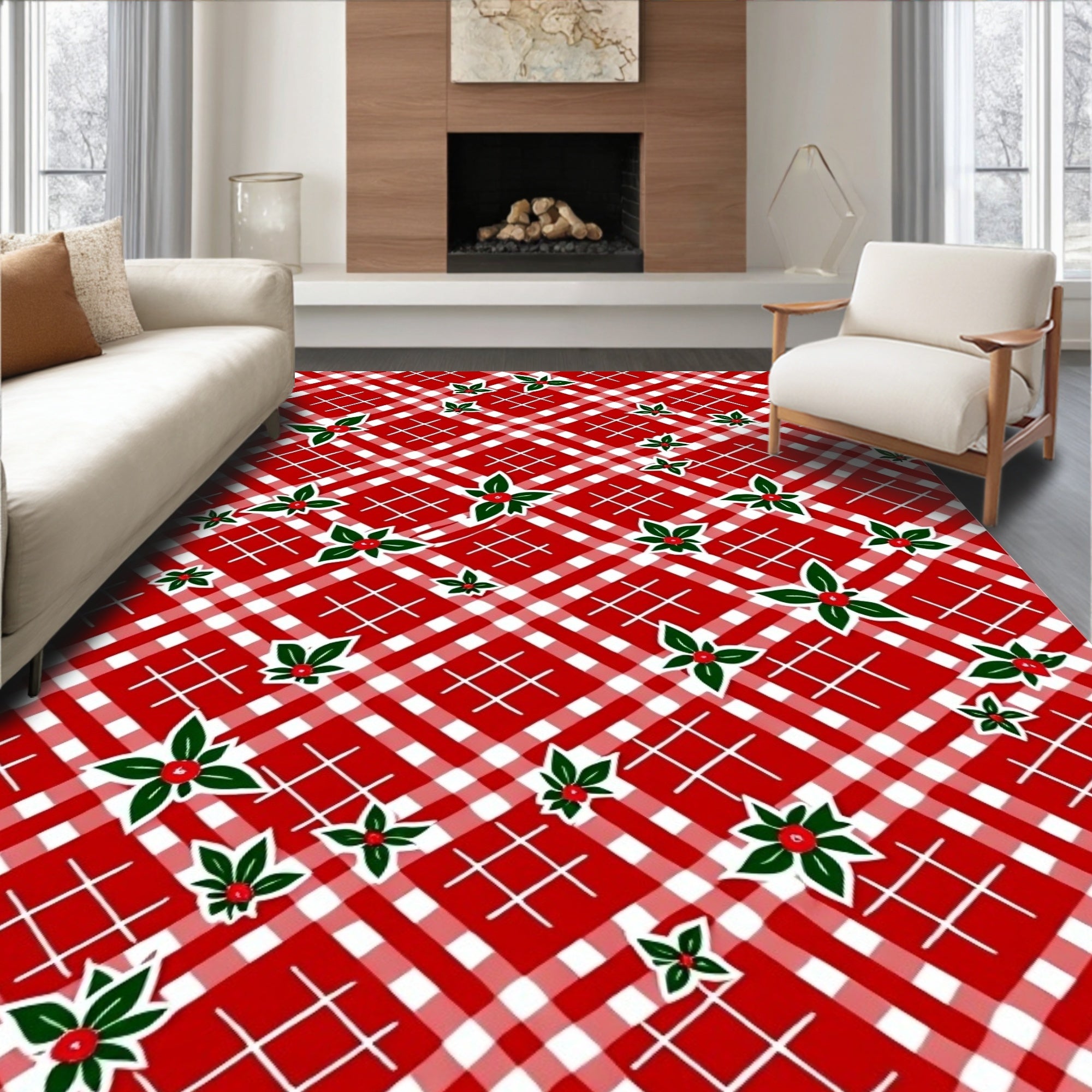Crimson White Gingham Holly Sprigs Rug