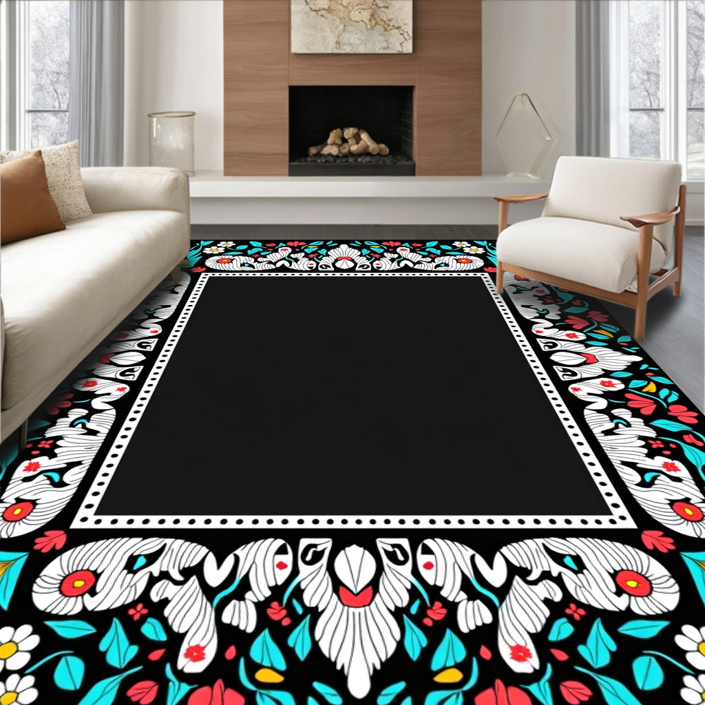 Folk Art Red Coral Teal Floral Border Rug