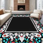 Folk Art Red Coral Teal Floral Border Rug