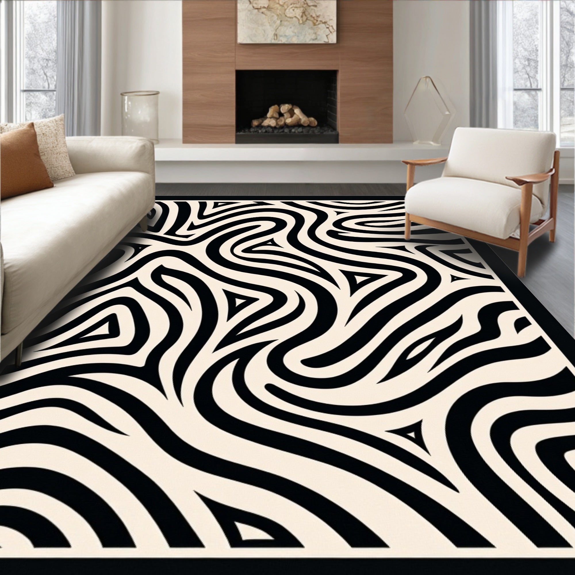 Bold Black Swirling Zebra Stripe Rug