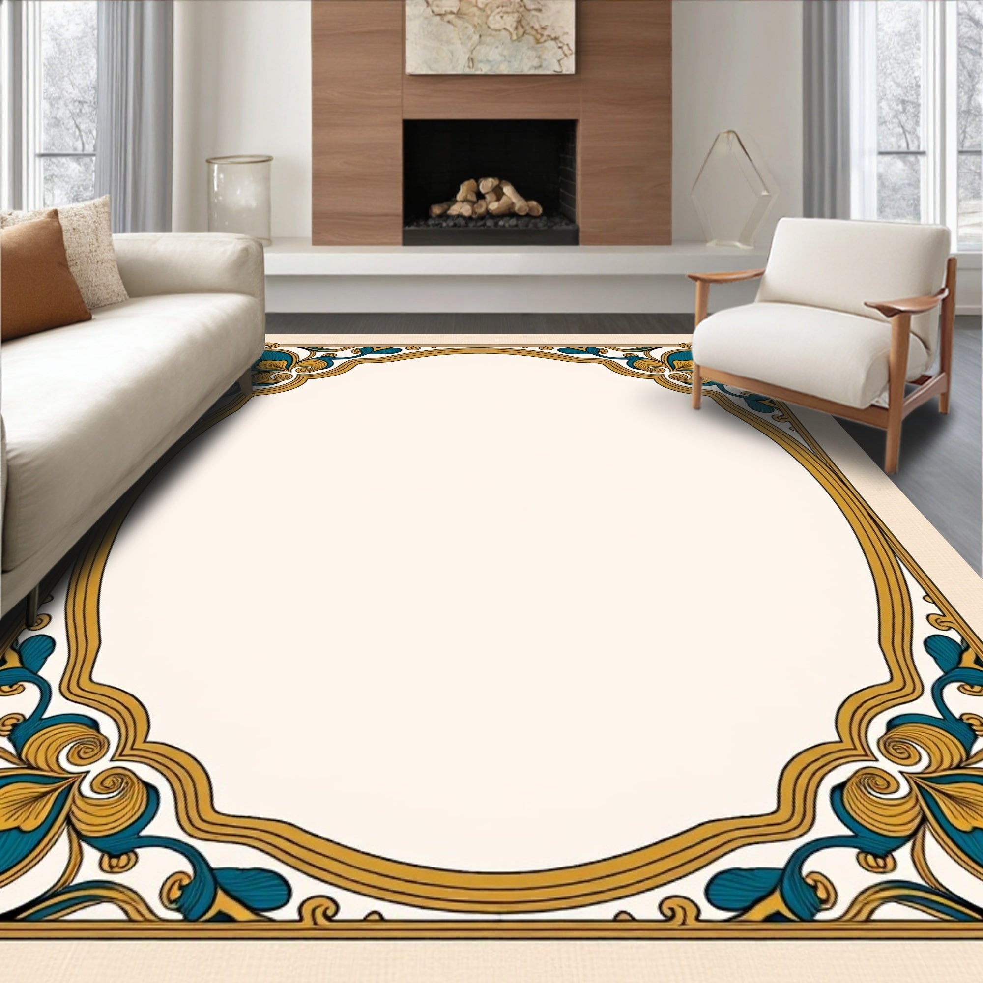 Gold Teal Floral Art Nouveau Frame Rug