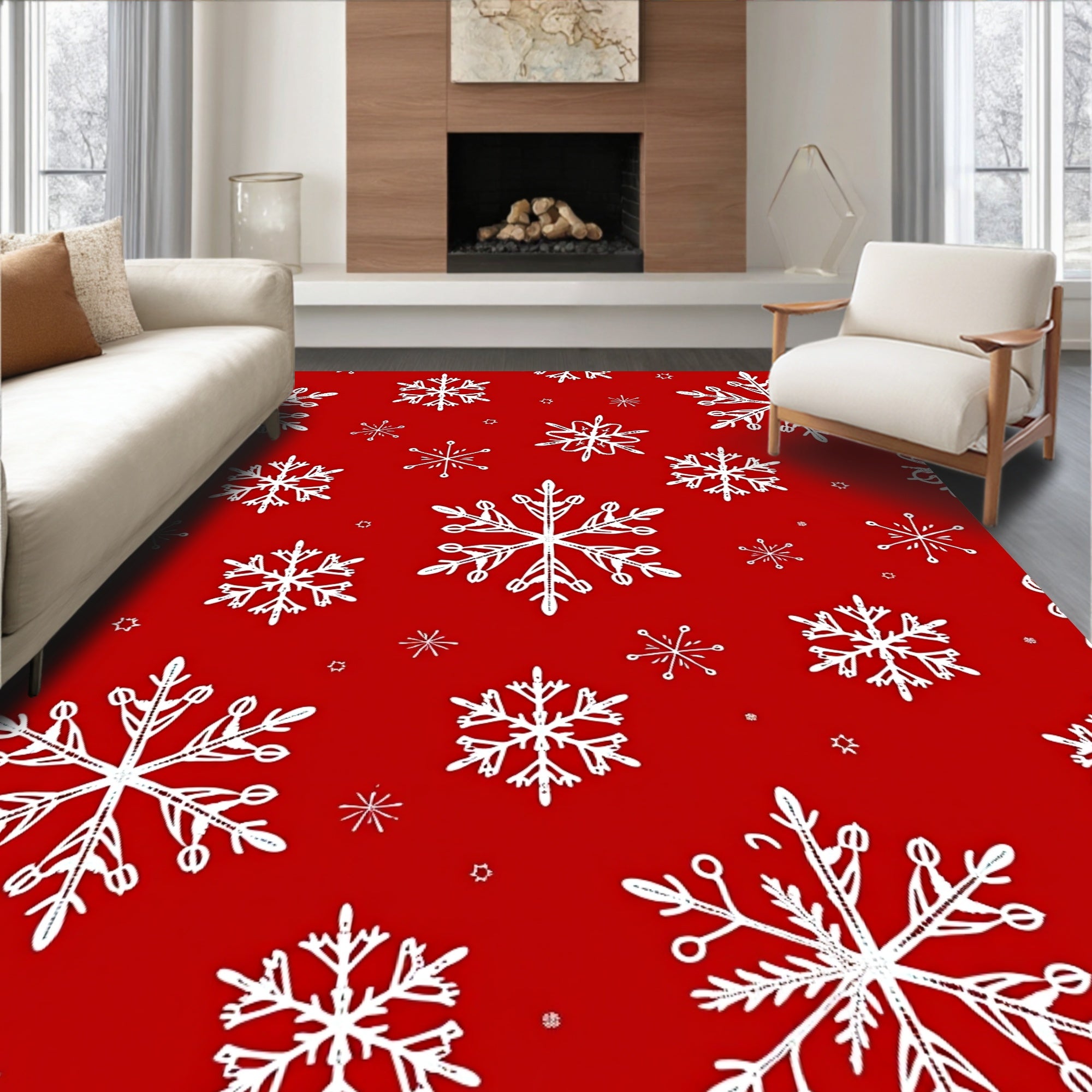 Hand Drawn White Snowflakes Red Background Rug