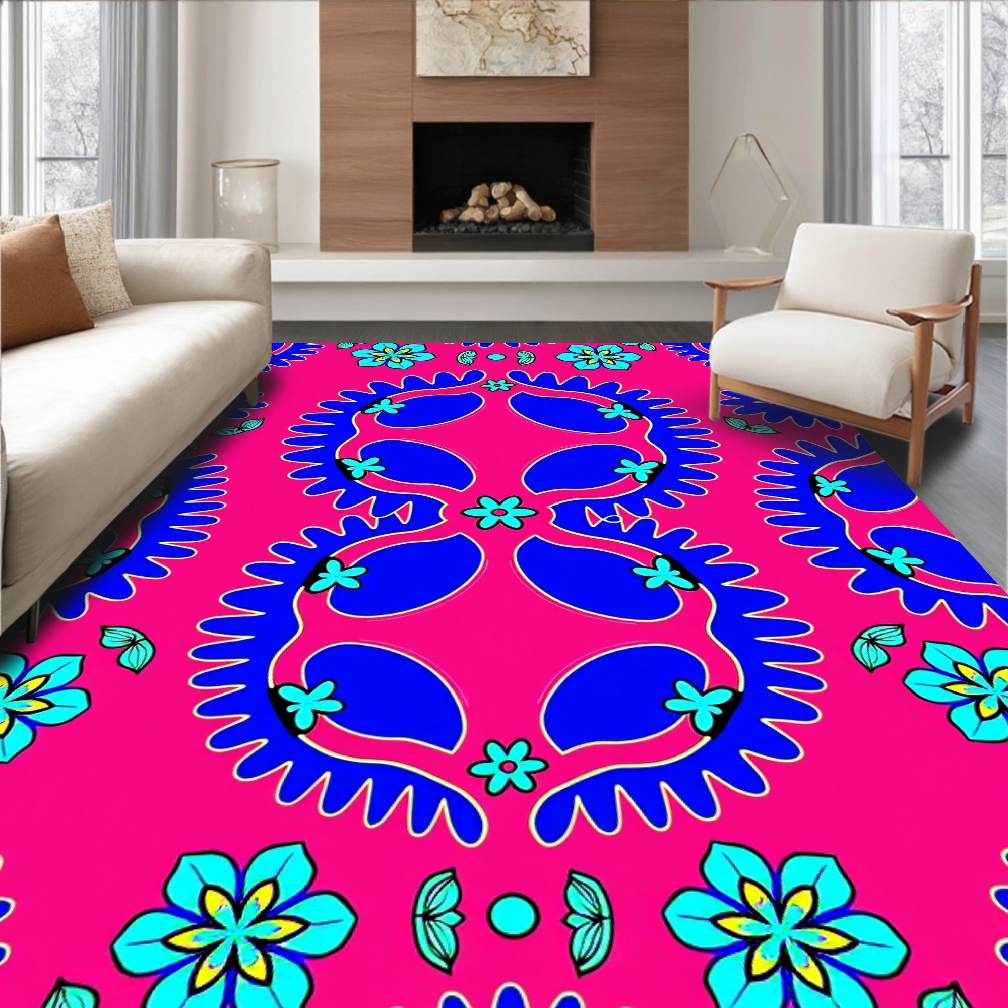 Vibrant Pink Blue Floral MedallionRug Rug