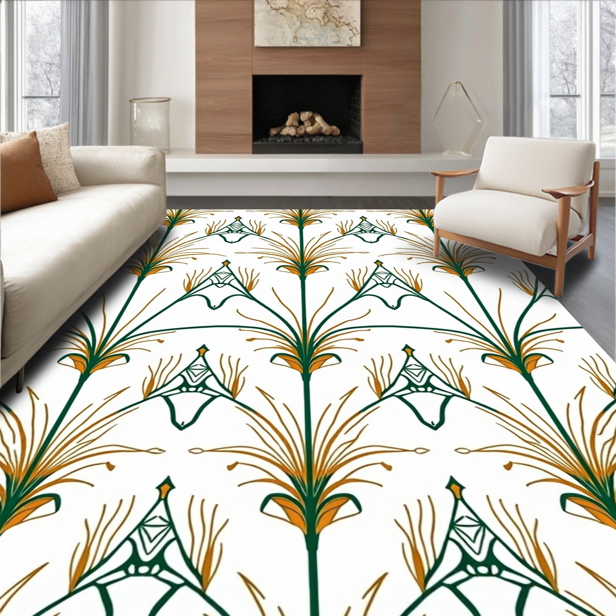 Green Gold Stylized Floral Fan Rug