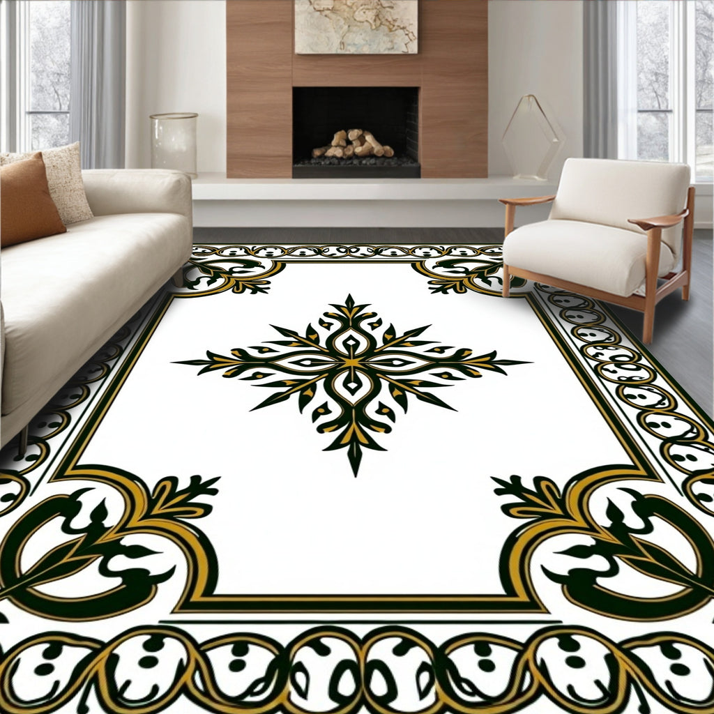 Elegant Black Gold Floral Medallion Border Rug