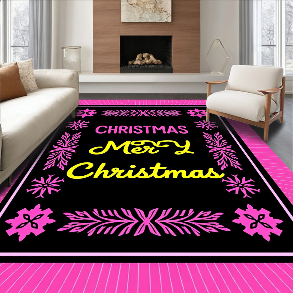 Bright Pink Snowflake Border Christmas Rug