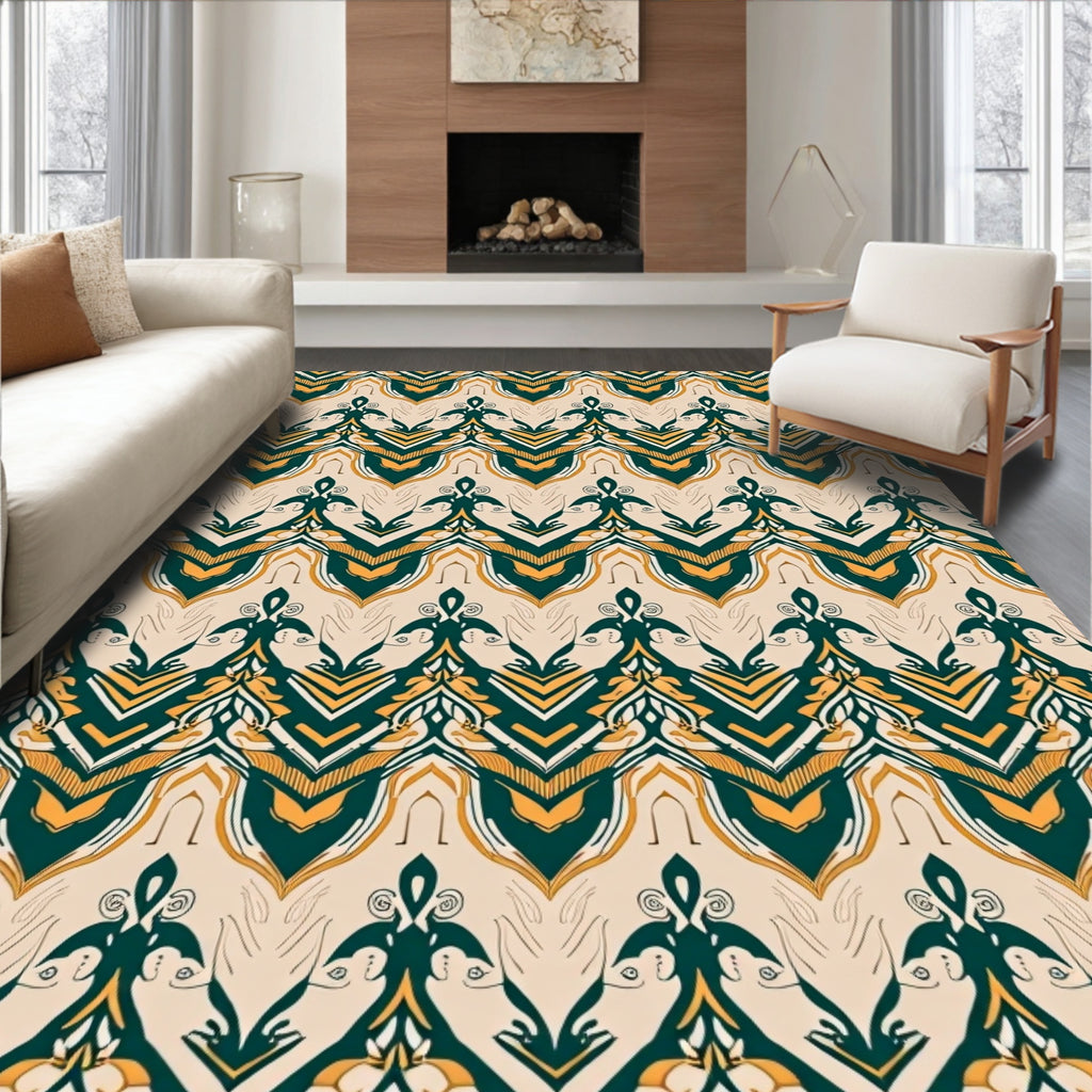 Emerald Gold And Cream Ornamental Chevron Rug