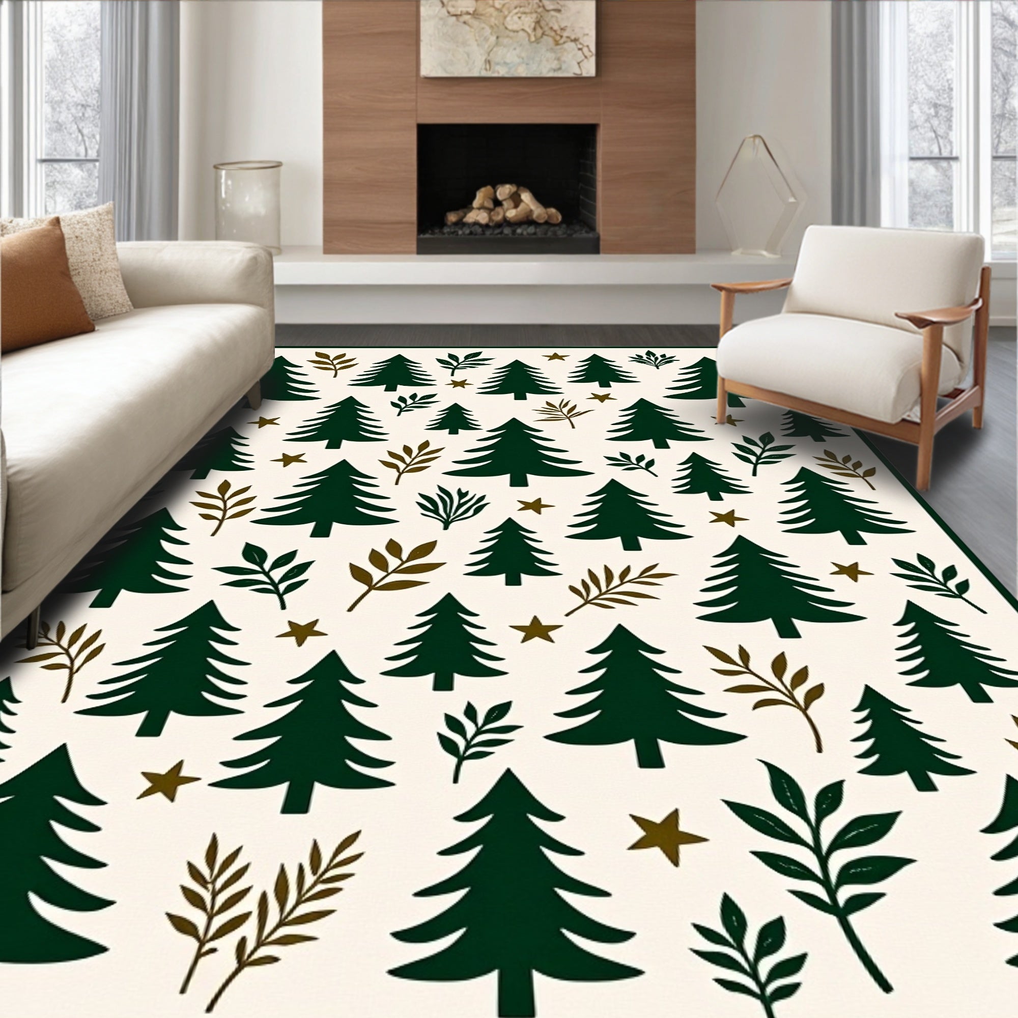 Forest Green Trees Branch Stars Ivory Rug