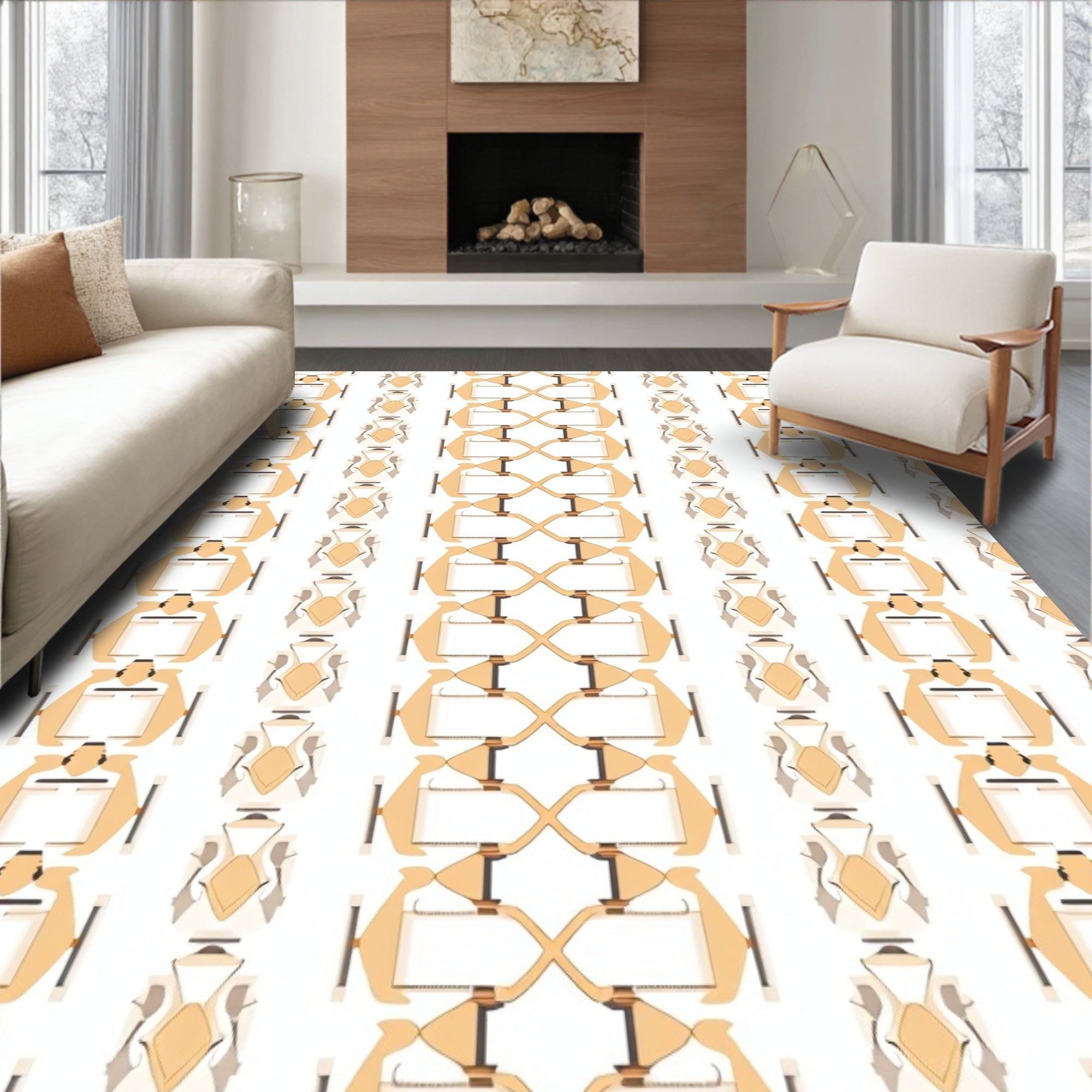 Cream and Brown Abstract Lattice Rug