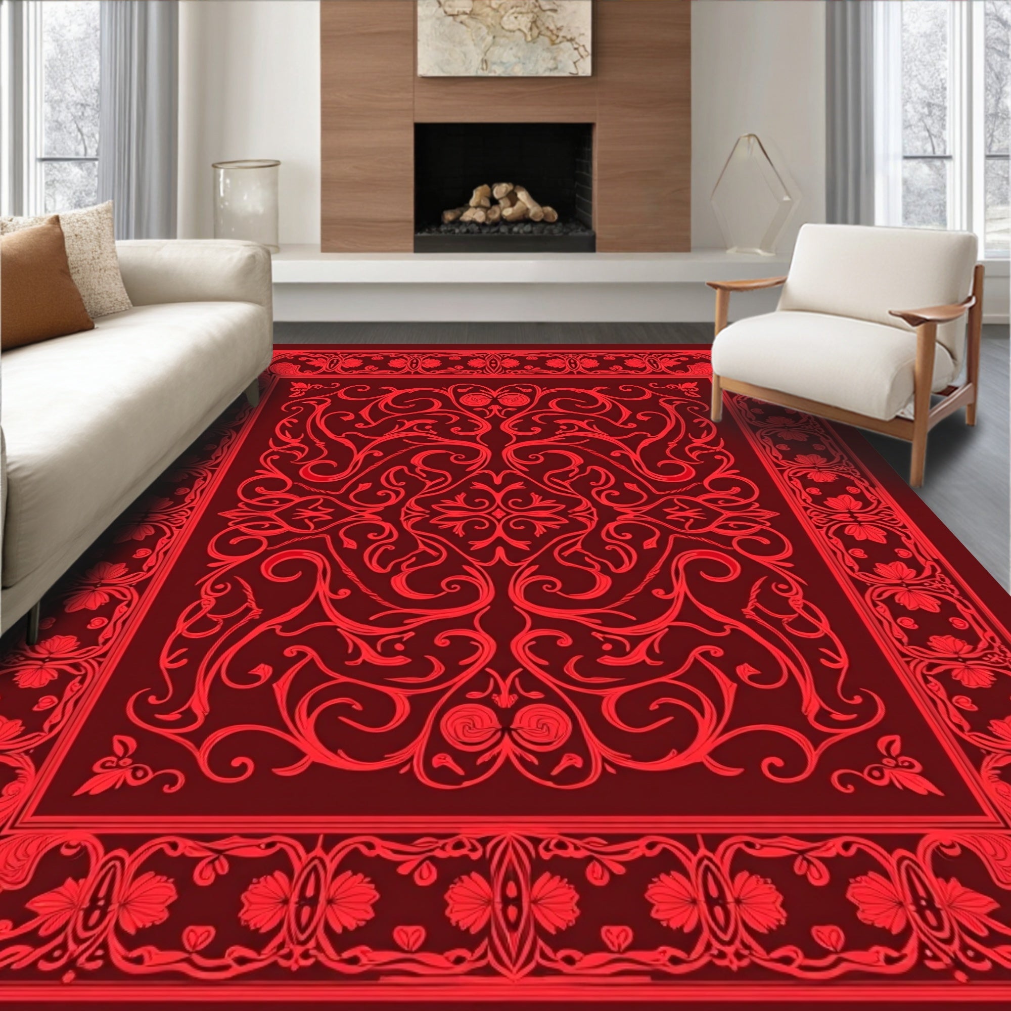 Crimson Red Floral Border Scrollwork Rug