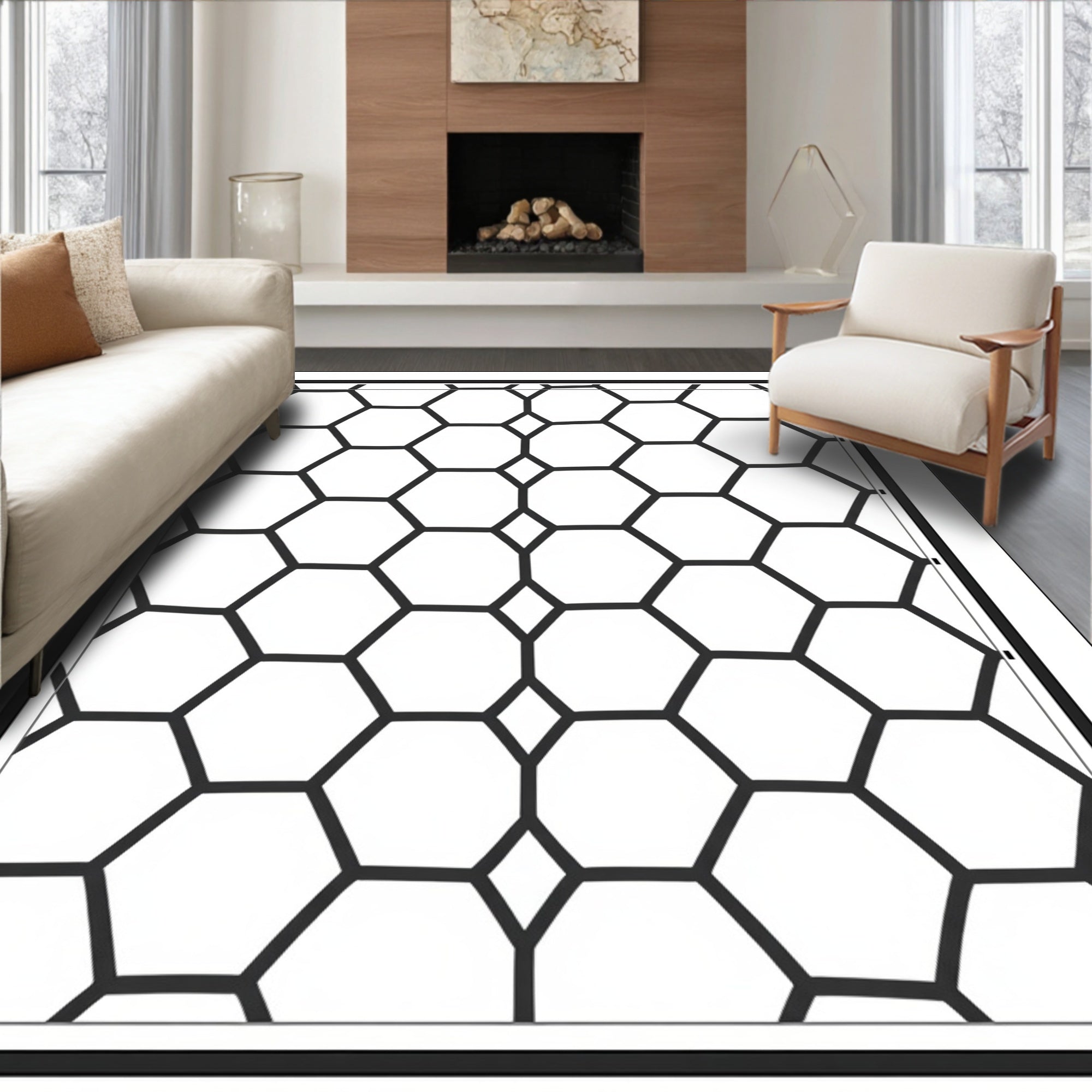 Black Hexagon Geometric Overlay Rug
