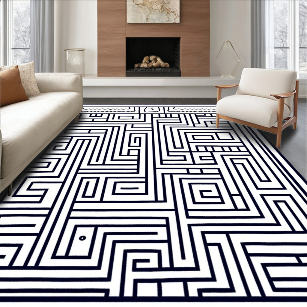 Modern Black White Geometric Maze Rug