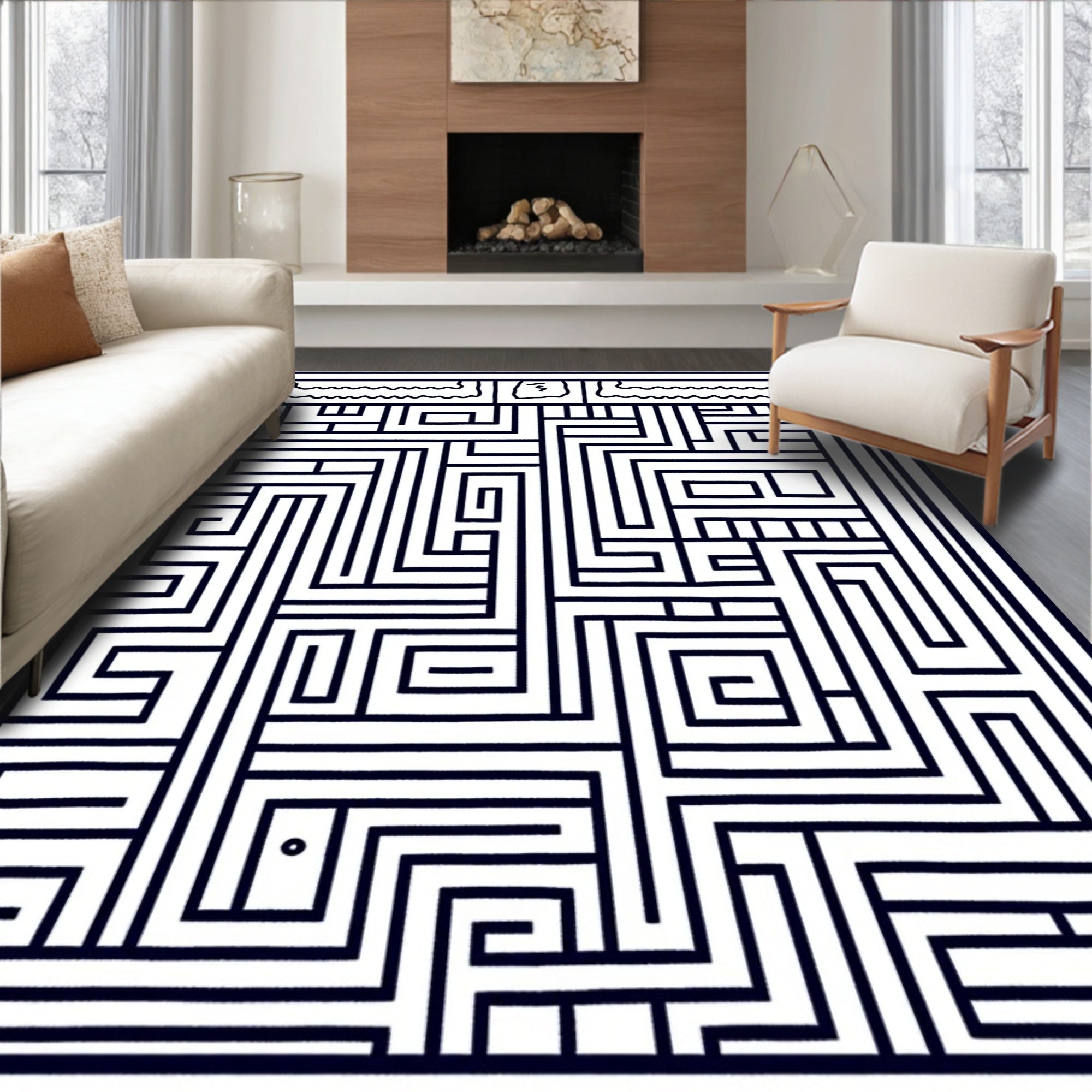 Modern Black White Geometric Maze Rug