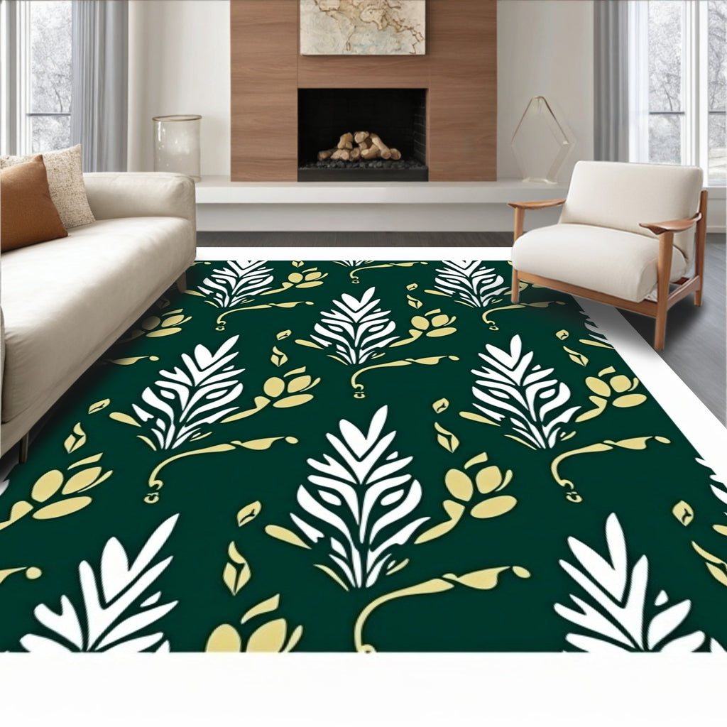 Green Gold White Floral Branch Rug