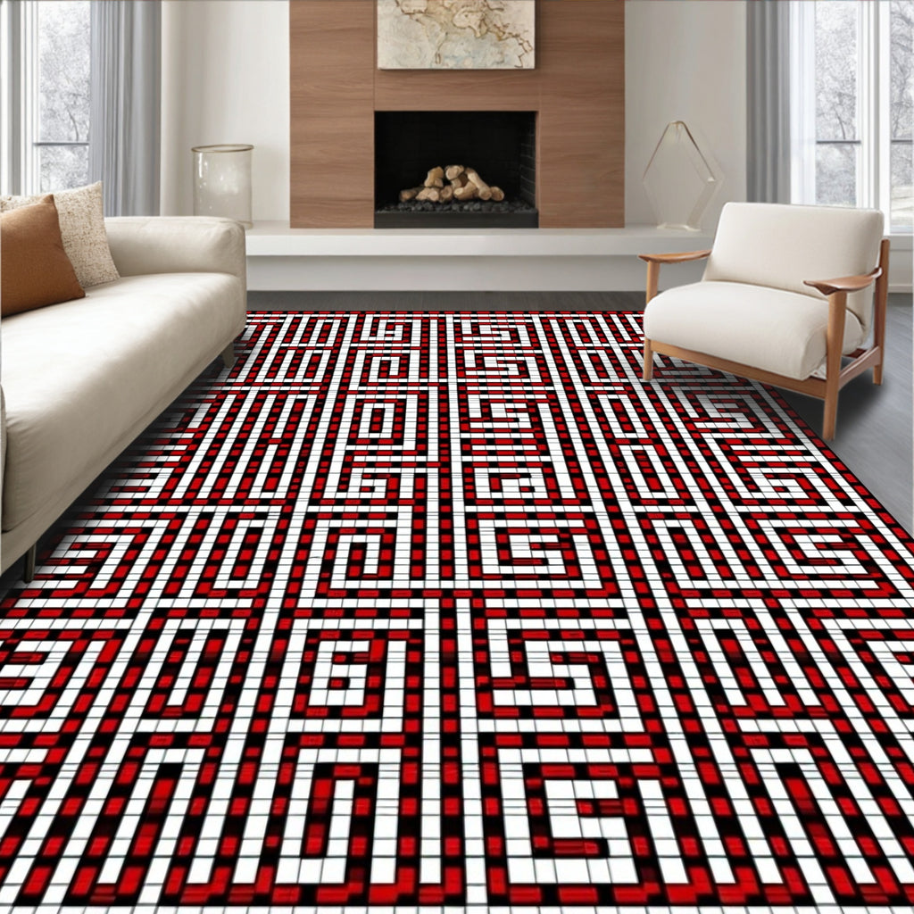 Bold Red White Squared Maze Rug