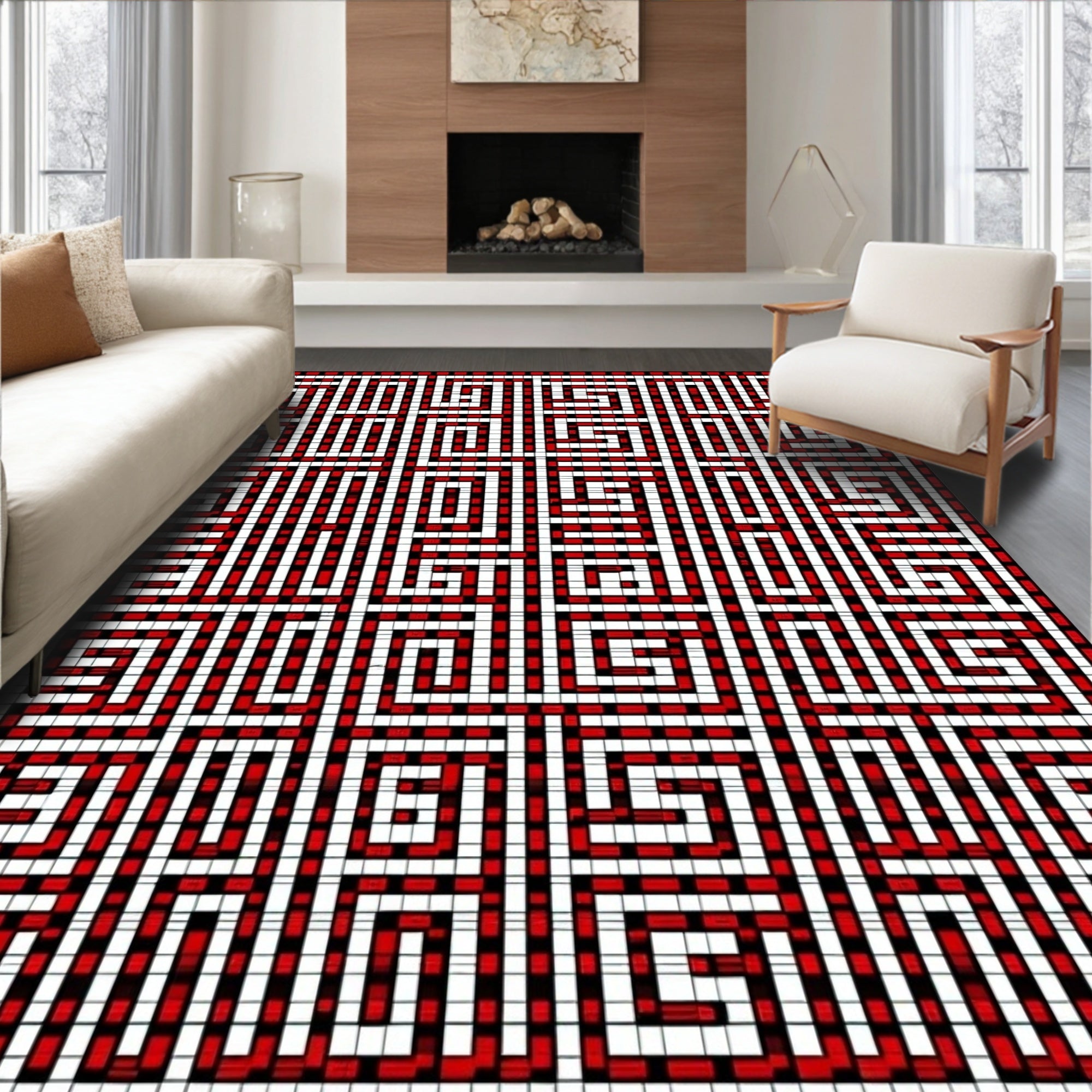 Bold Red White Squared Maze Rug