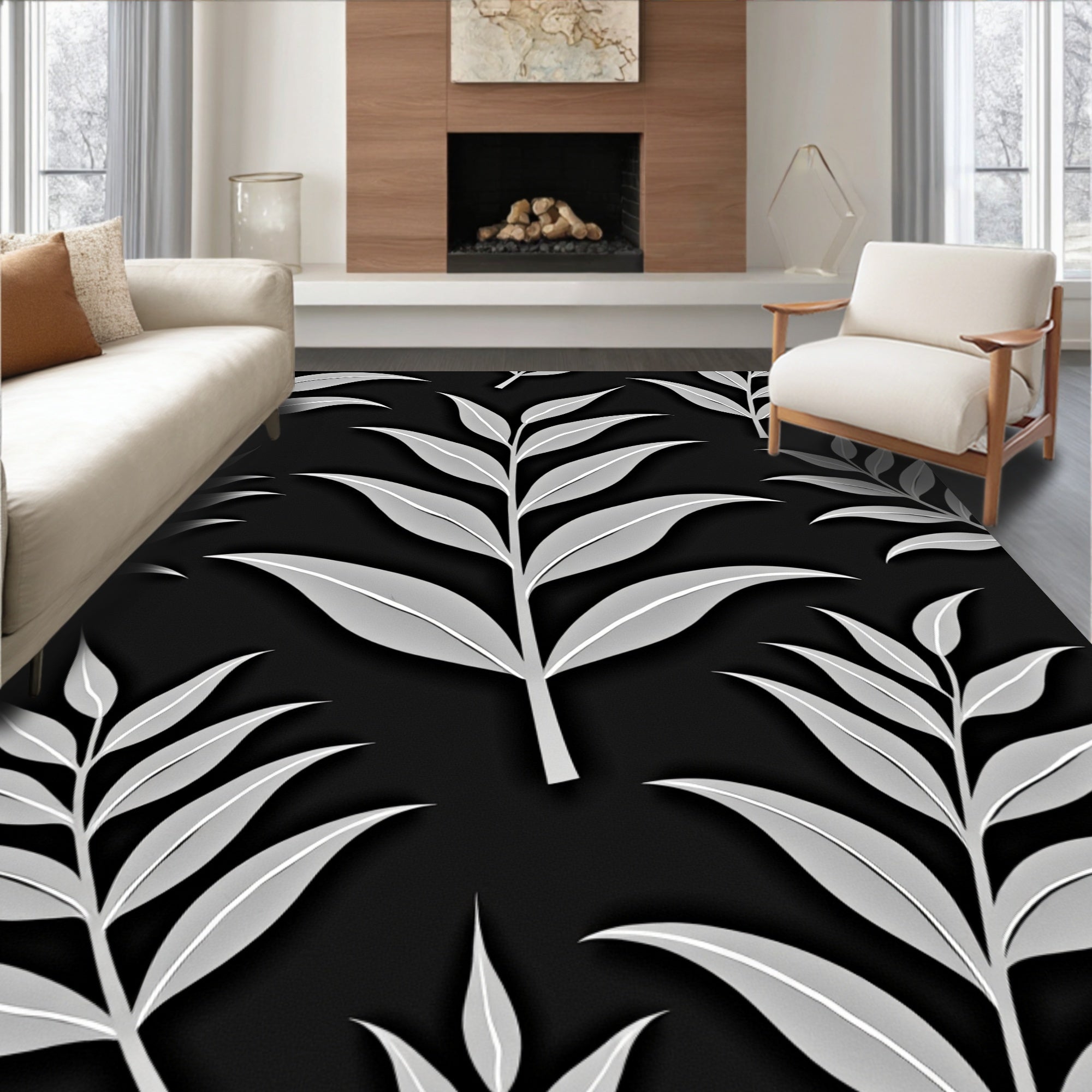 Monochromatic Gray Leafy Branches Rug