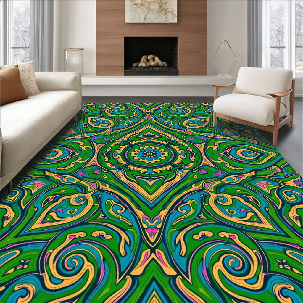 Vibrant Emerald Teal Psychedelic Swirl Rug