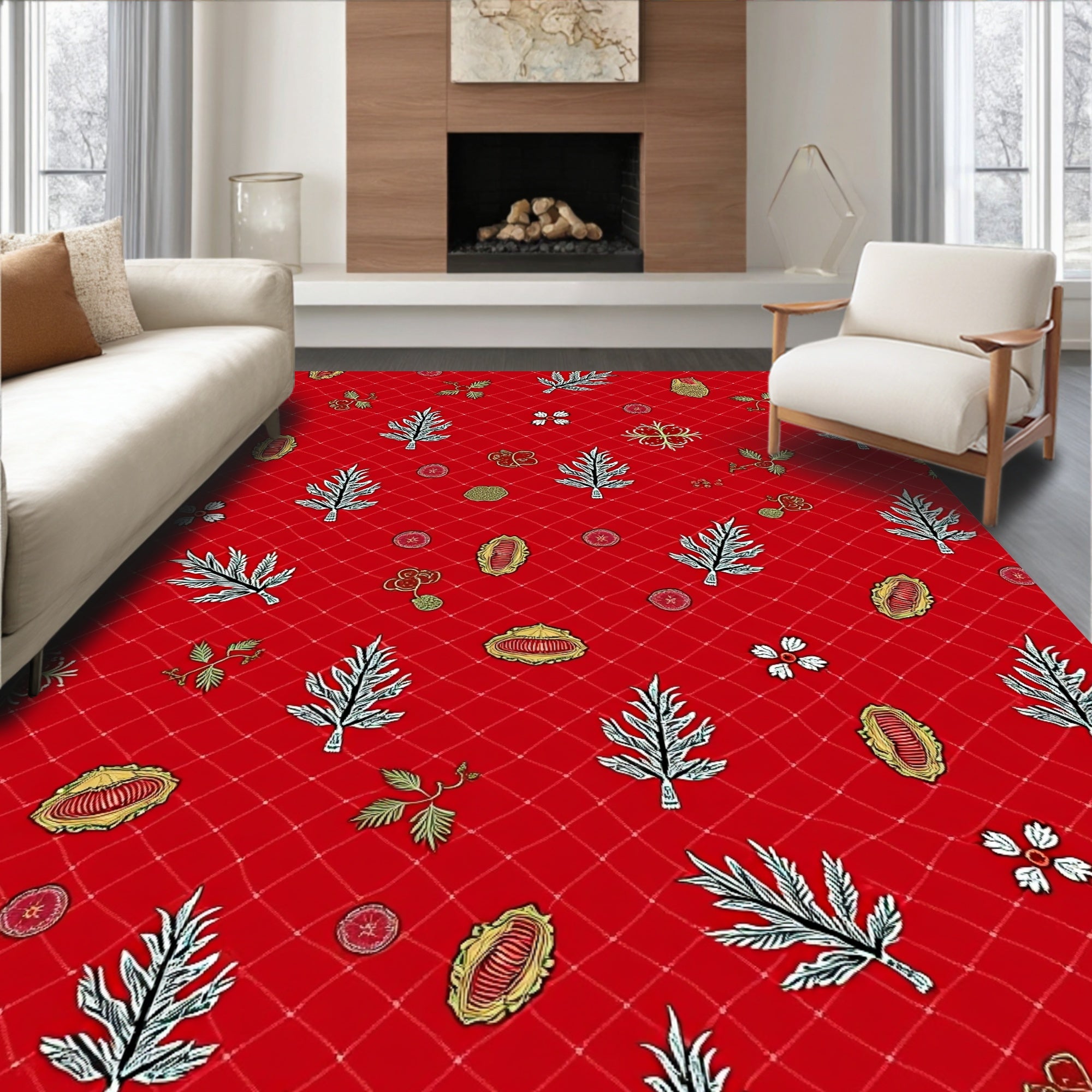 Crimson Red Illustrated Botanical Garden Rug