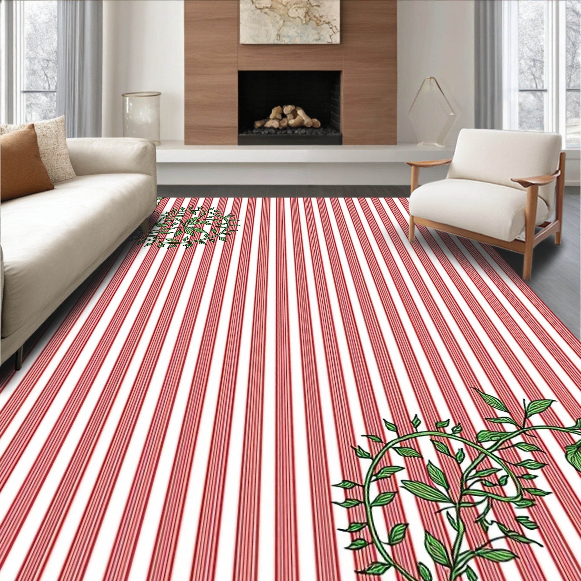 Whimsical Red Stripe Green Vine Rug