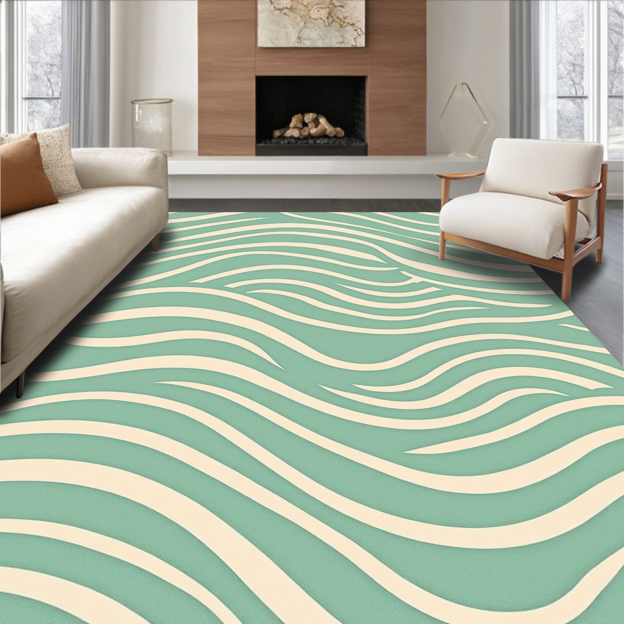 Teal Cream Organic Wavy Lines Rug