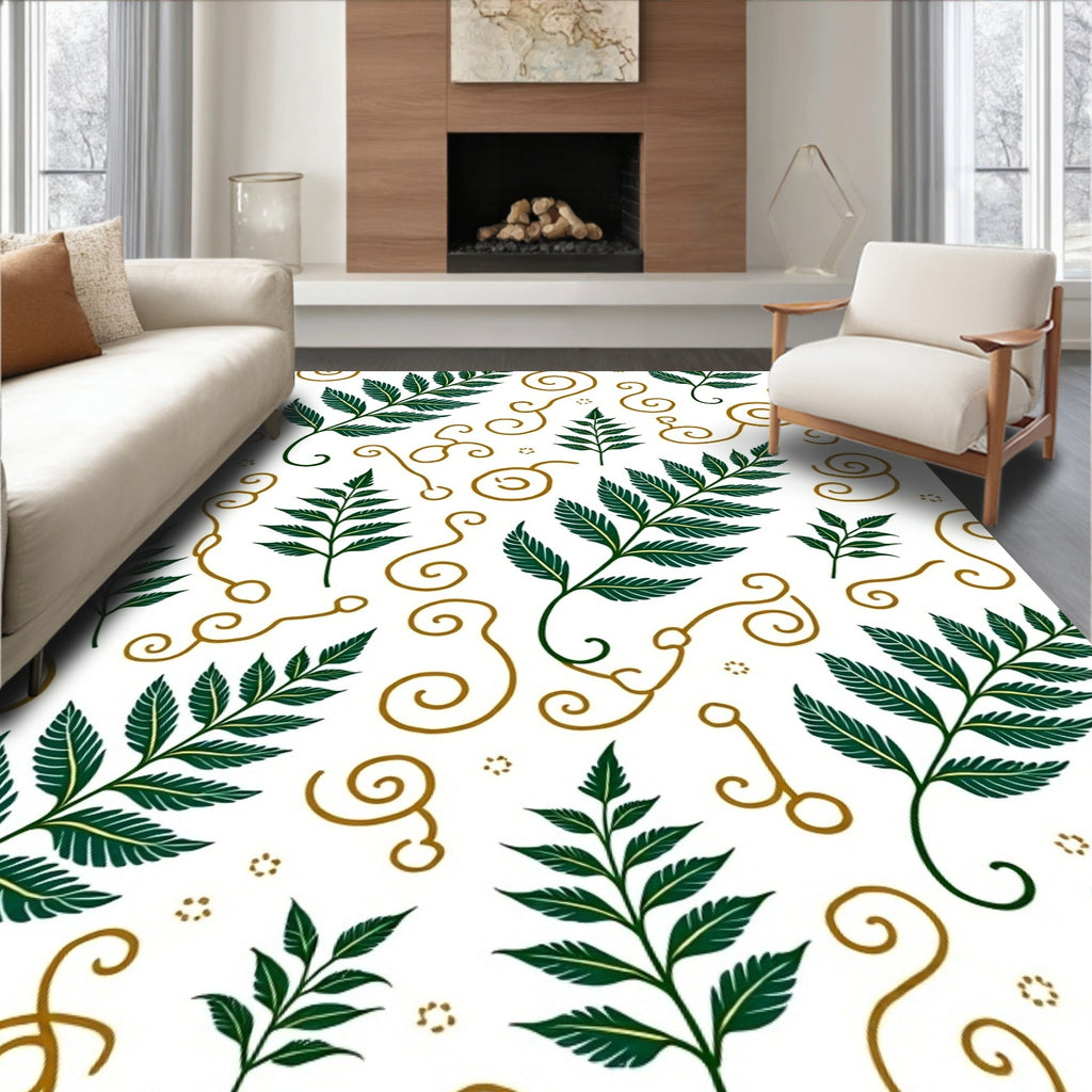 Emerald Fern Swirls On White Rug