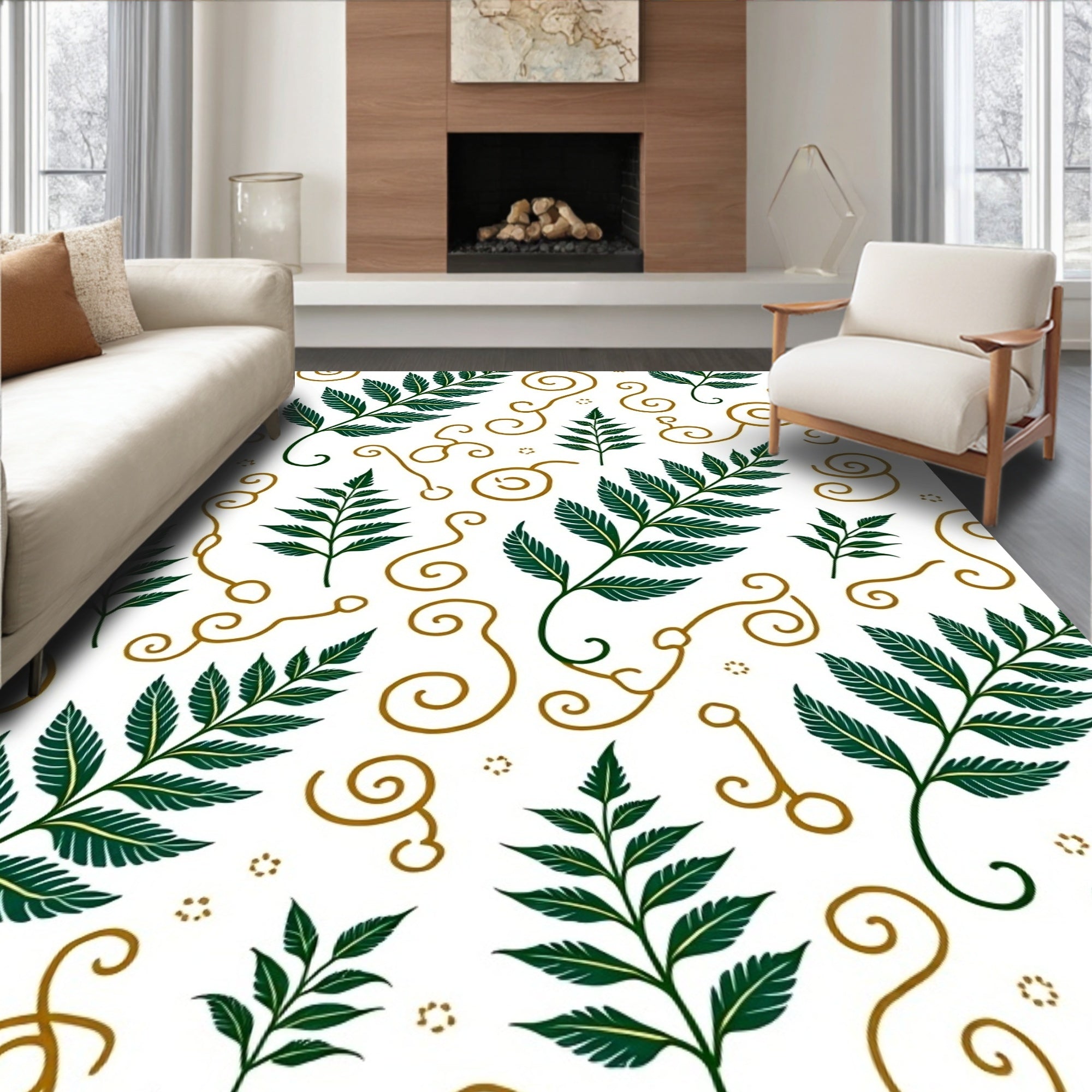 Emerald Fern Swirls On White Rug