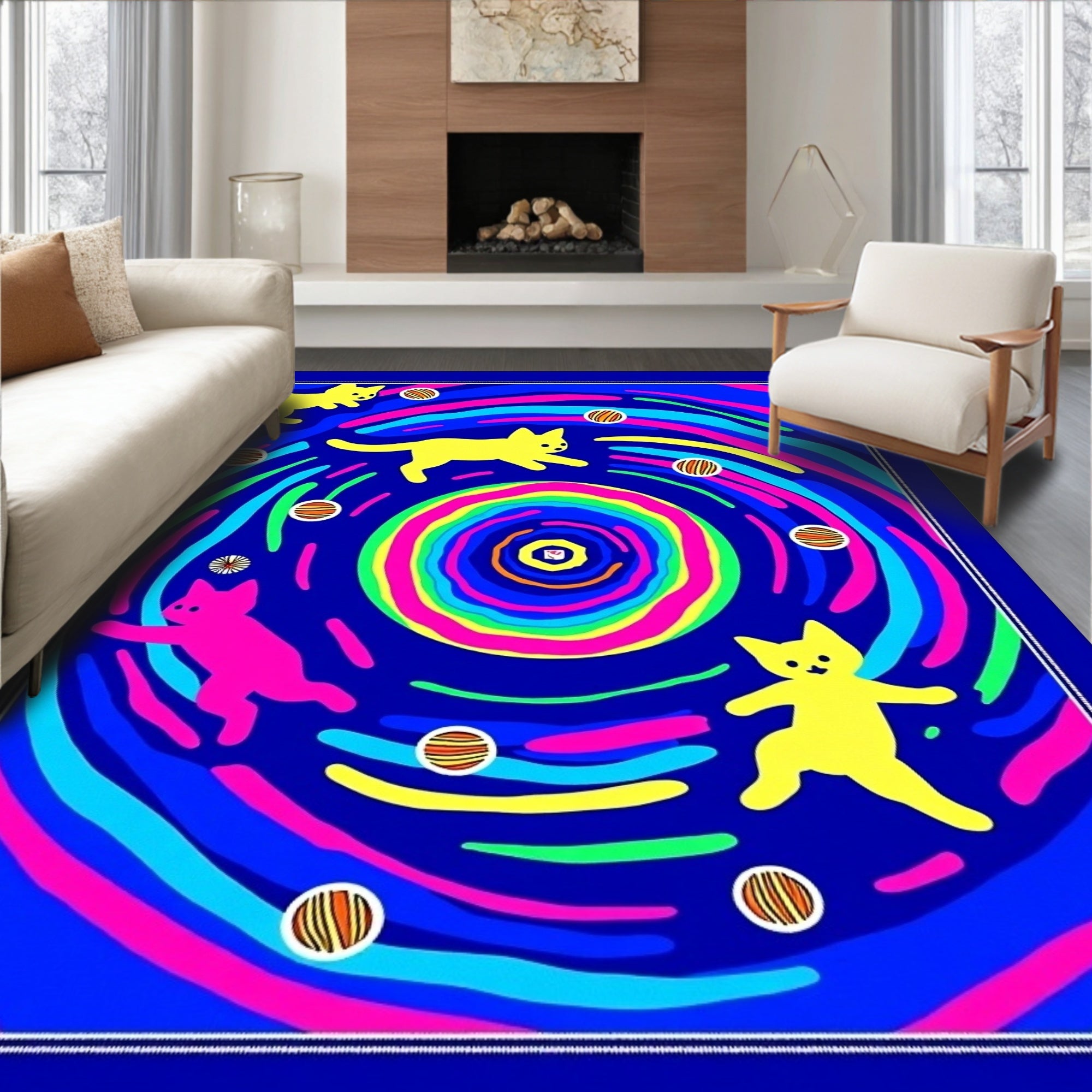 Vibrant Neon Cat Starry Swirl Rug