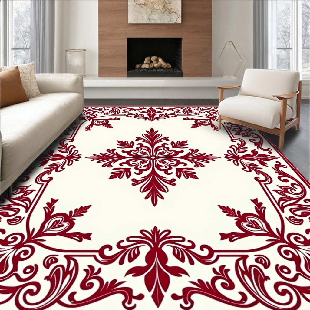 Deep Red Floral Medallion Square Rug