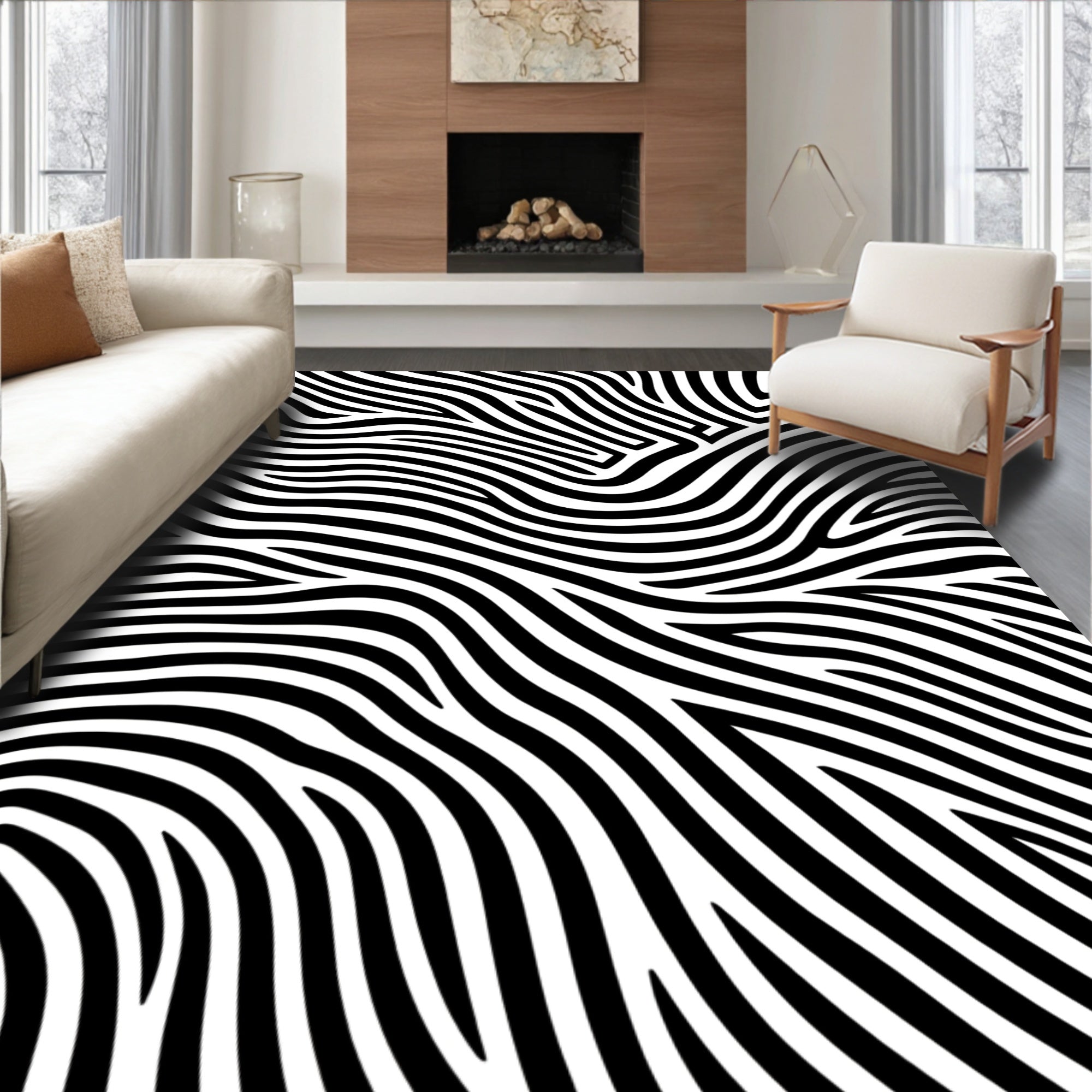 Monochrome Abstract Zebra Stripe Floor Covering Rug